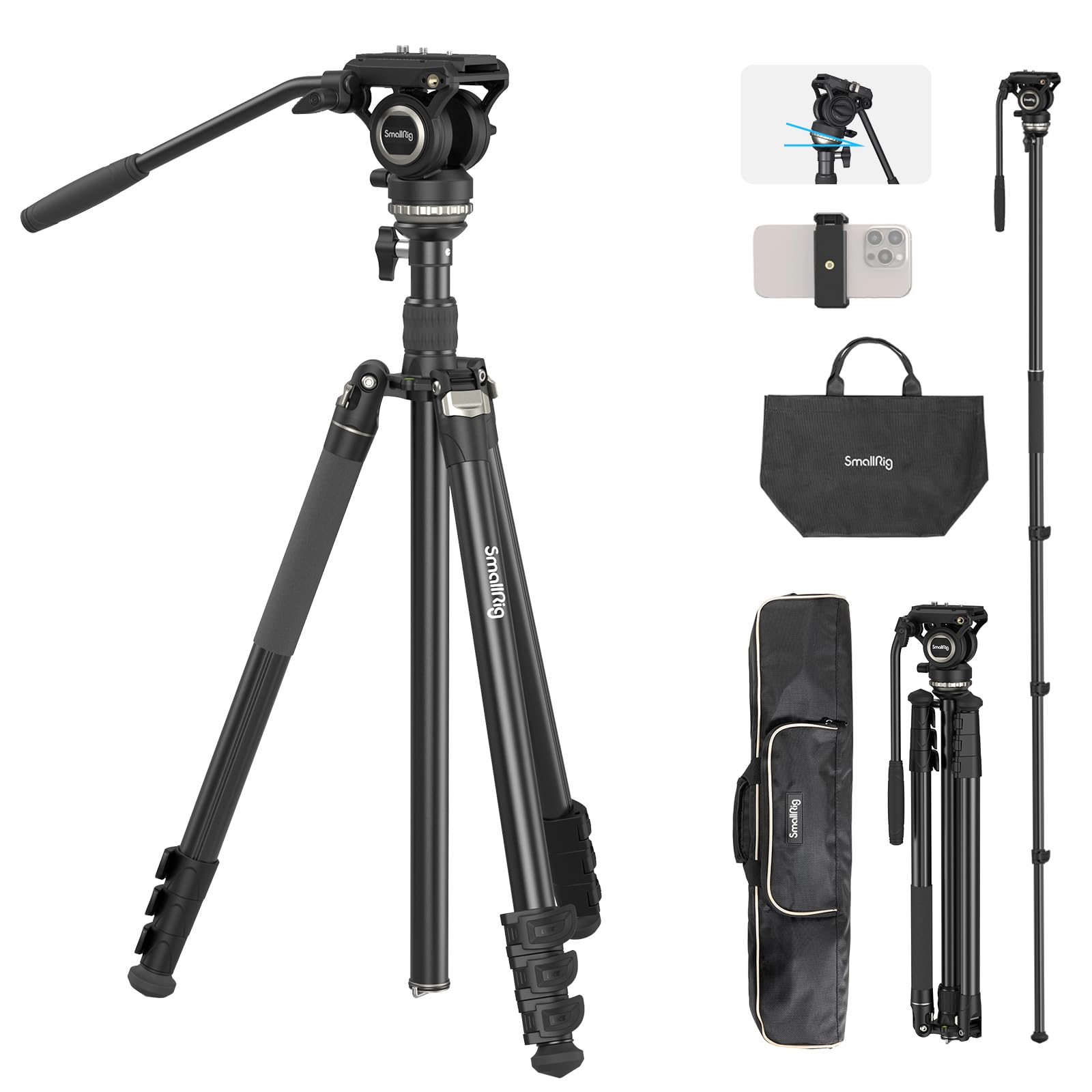 SMALLRIG CT150 Travel Video Tripod Kit, Carbon Fiber, Black, 61.8 - View #11