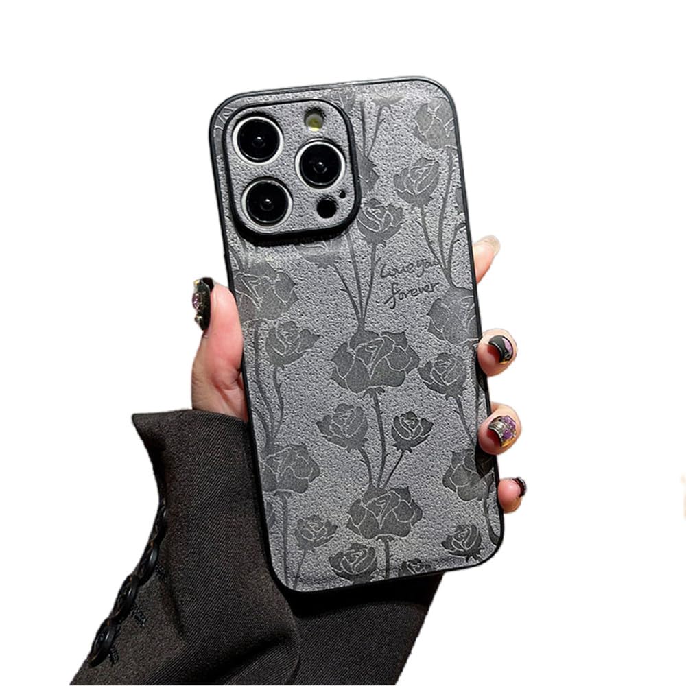 Coque iPhone 15 Pro cuir luxe rose et gris aux motifs élégants