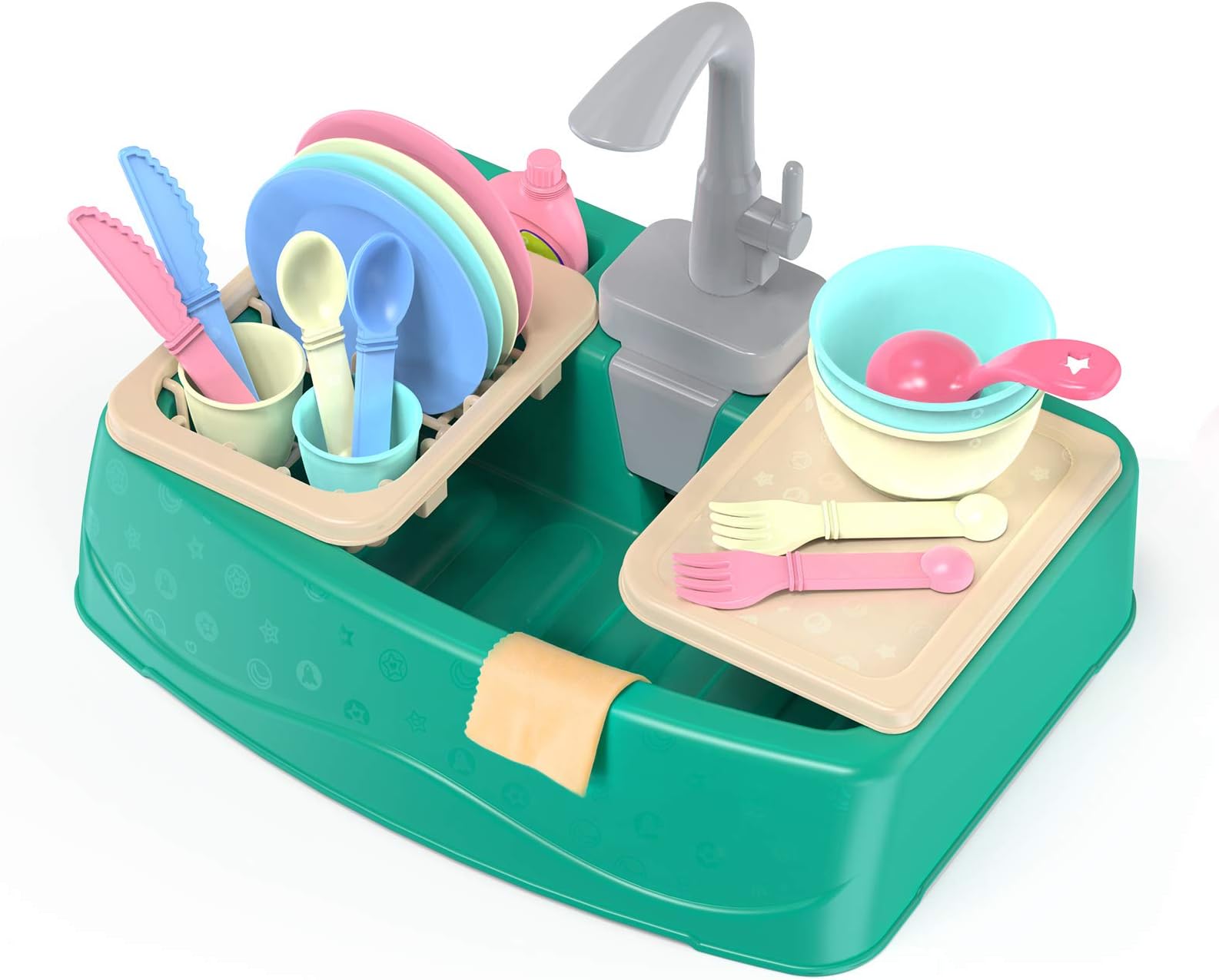AMETOYS Kids Role Play Sink Kitchen Toys with Running Water, (21 PCS) Heat Sensitive Color Changing Pretend Playset, Waterproof & Rustproof Electric Dishwasher Toys for Toddlers Children Boys Girls