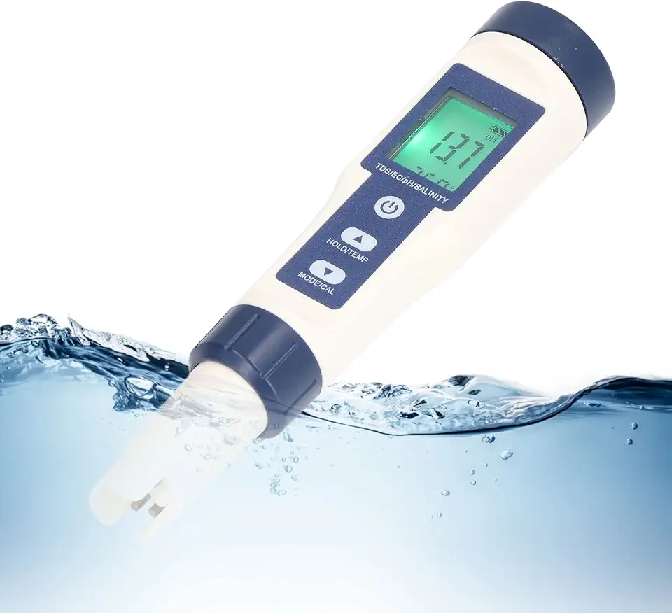 Medidor Digital De Qualidade Da água Topyond - 5 Em 1 PH Salinidade Temperatura TDS EC - À Prova D'água Com Retroiluminação - Testador Digital De água Para Uso Doméstico E Profissional