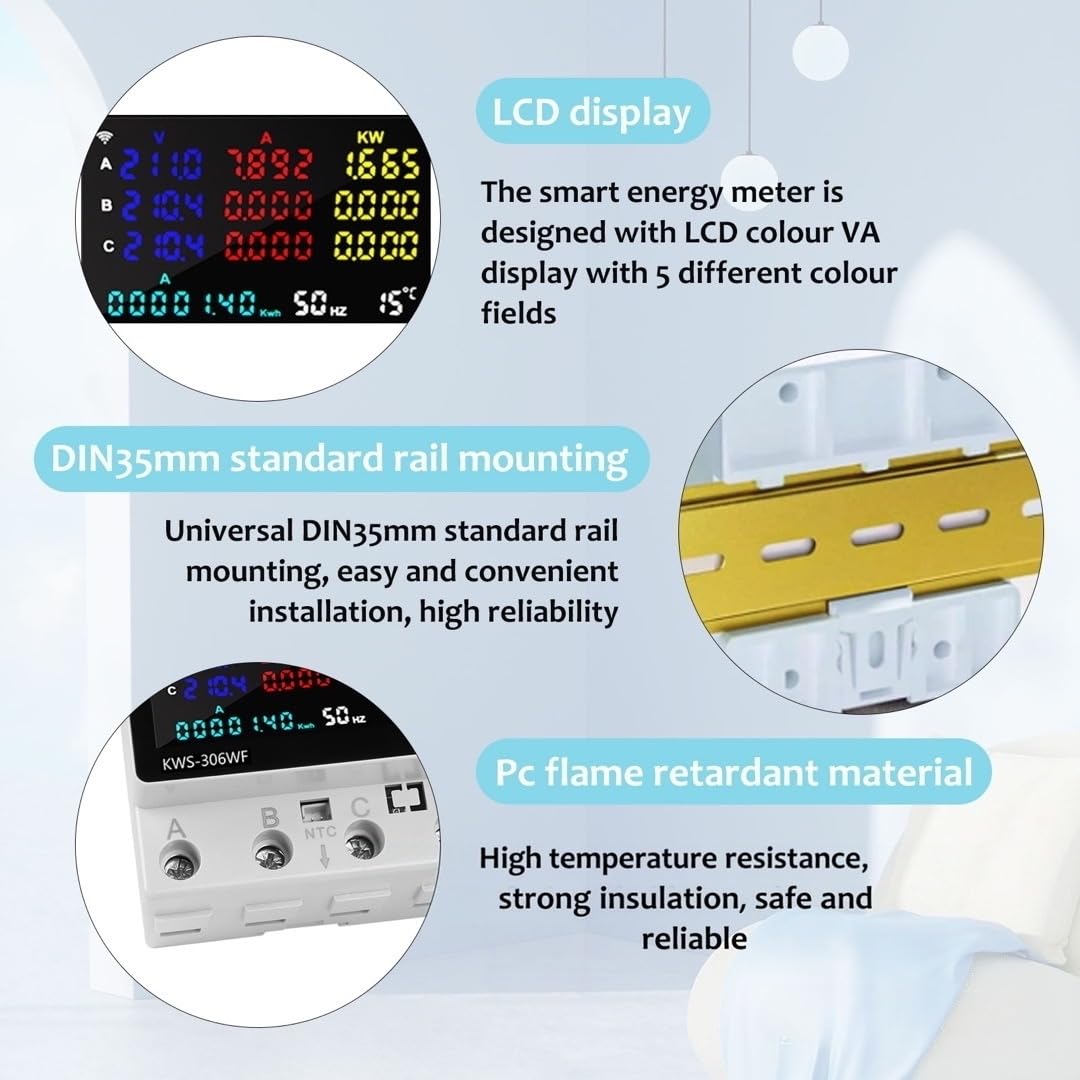 GAESHOW Contatore Energia Elettrica WiFi, 9 in 1 Misuratore di Consumo Elettrico Trifase, 80 A 220 V, Contatore Elettrico su Guida DIN Compatibile con Tuya, Protezione da Sovracorrente, Sottotensione