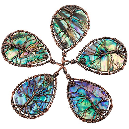 Sunyik Teardrop Rainbow Abalone Shell Tree Of Life Pendant Necklace #TOP4