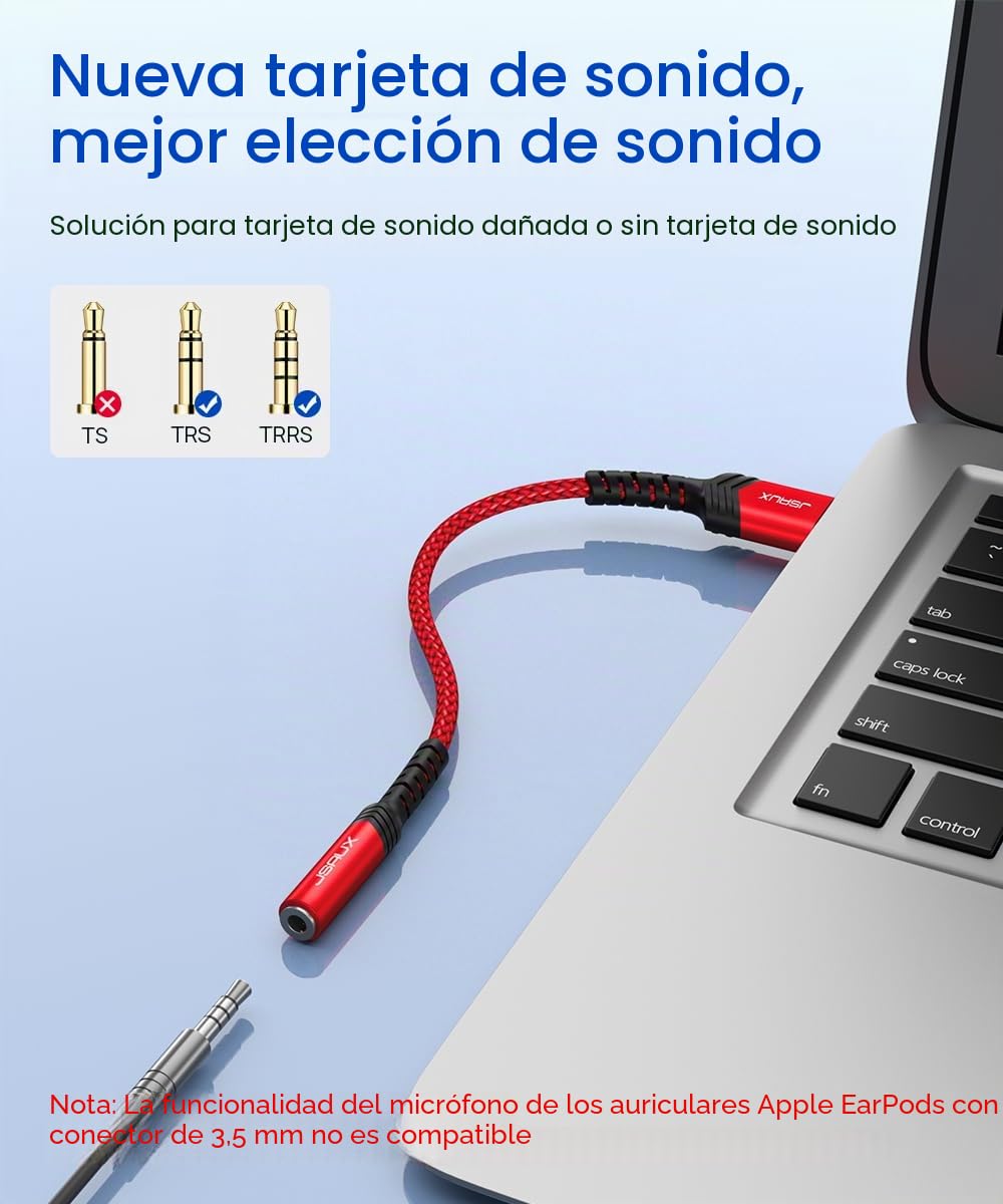 JSAUX Tarjeta De Sonido Externa USB, Adaptador USB a Jack 3,5mm Audio, Sonido Estéreo Convertidor Auxiliar para Auriculares y Micrófono Compatible con PS5/4, Linux, computadora portátil, PC-Rojo