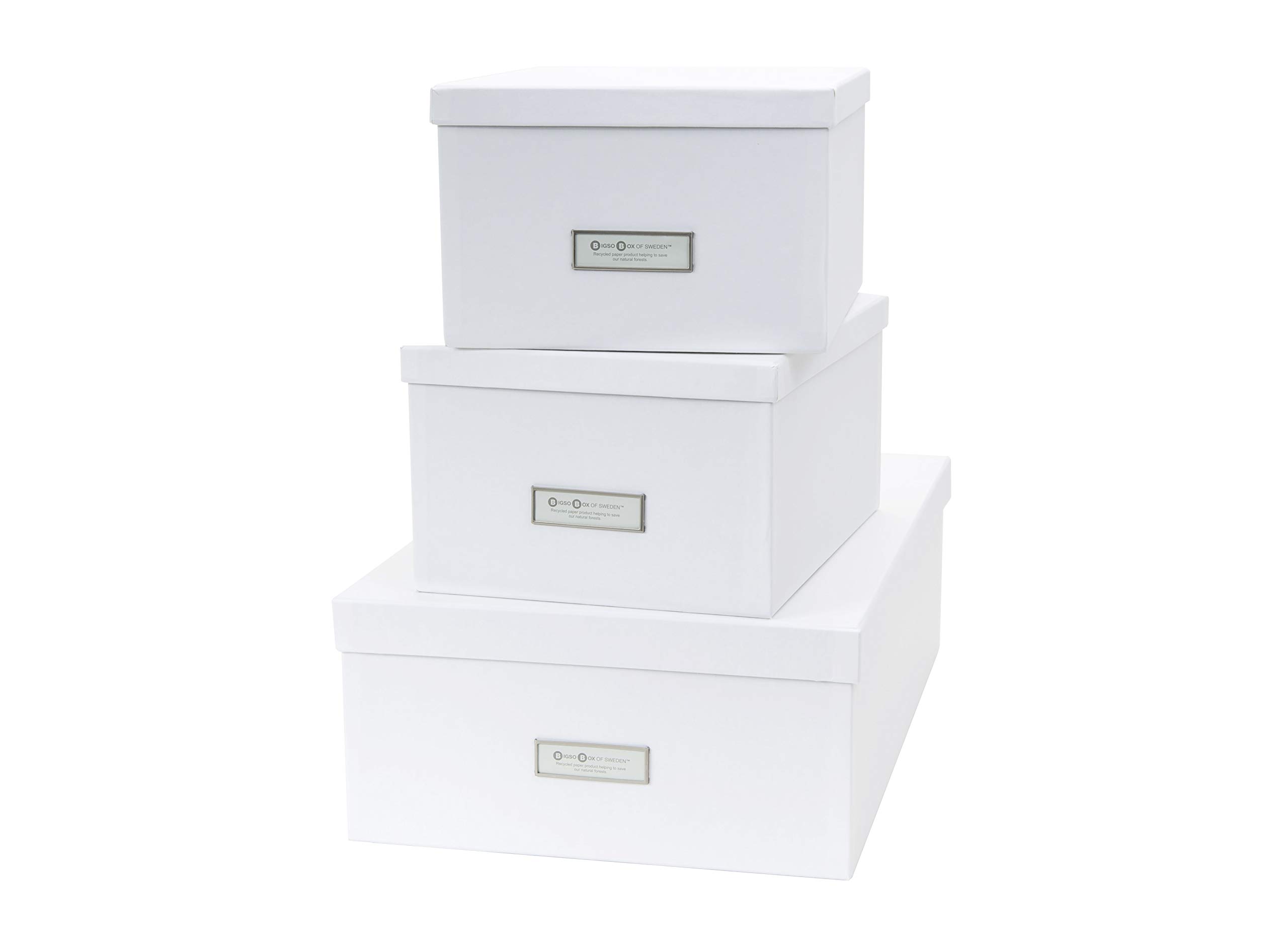 Bigso Box of Sweden Set of 3 Storage Boxes with Lids - Organiser Box For Clothes, Office Equipment and More - Wardrobe Storage Boxes with Labels for Bedding or Seasonal Clothing - White