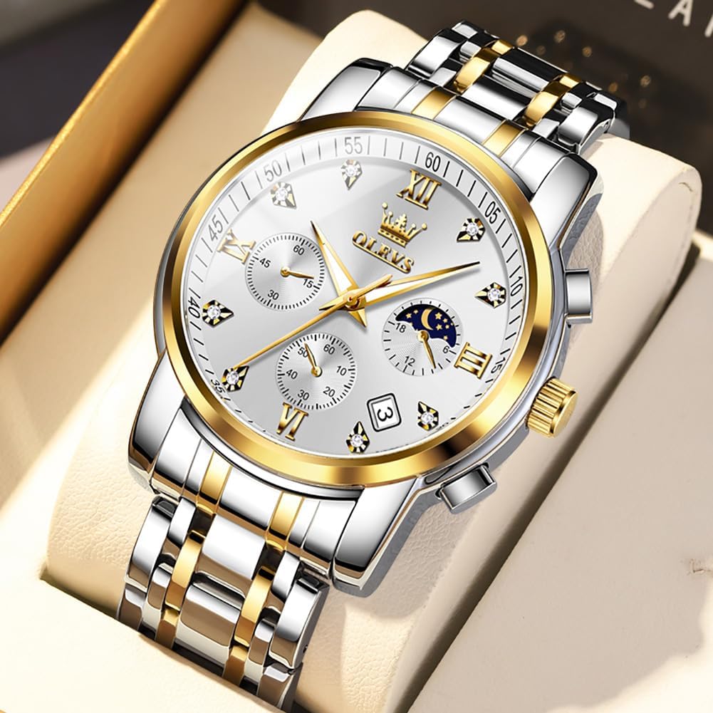 OLEVS Watch for Men Diamond Business Dress Analog Quartz Stainless Steel Waterproof Luminous Date Two Tone Luxury Casual Wrist Watch Blue