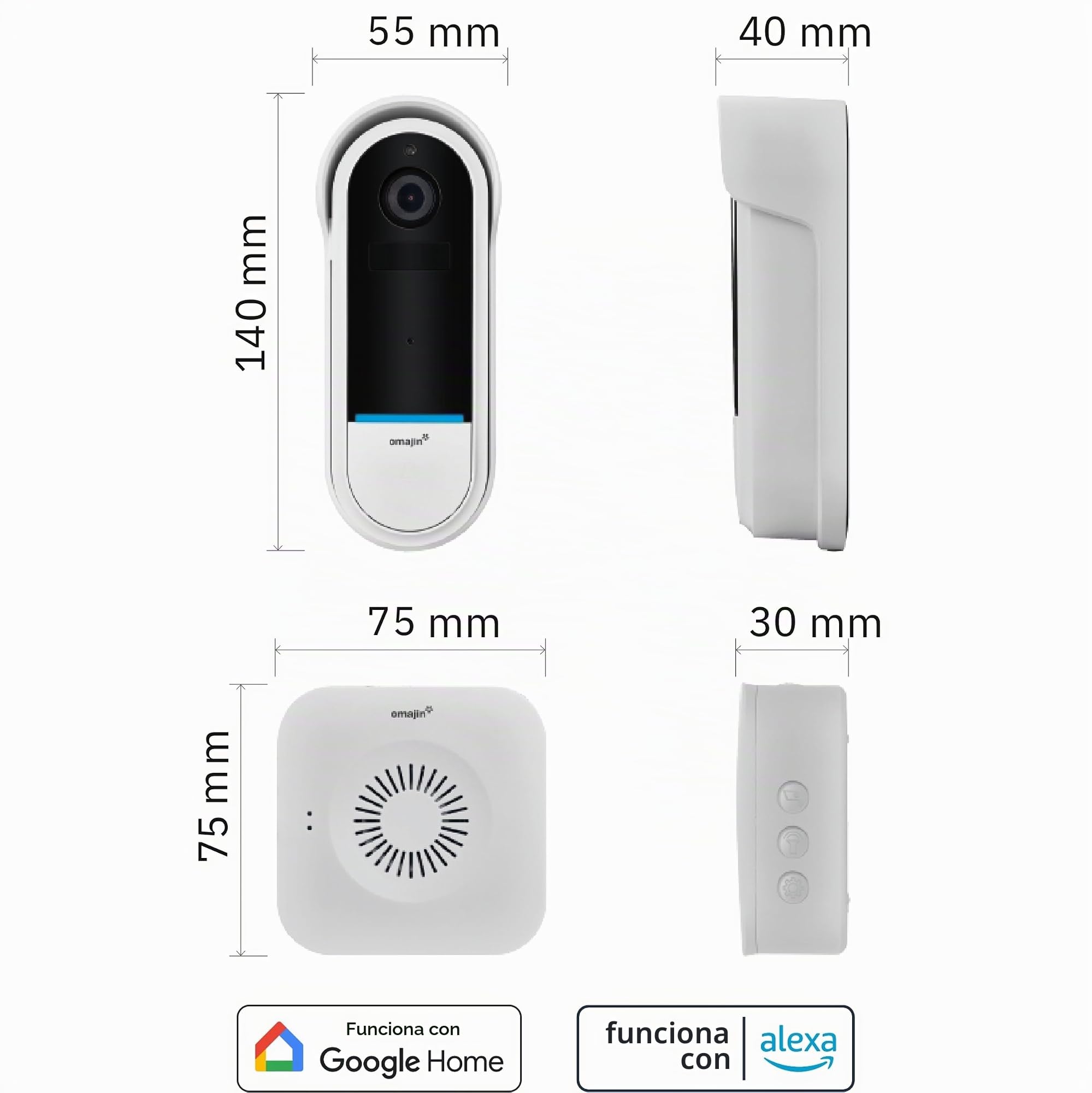 OMAJIN by Netatmo, Timbre Vídeo Inteligente inalámbrico 2K, con Pilas, Campanilla incluida, Detección Humana/Movimiento, IP65, Detección Zonas, Audio bidireccional, SD/Cloud, OVD-01