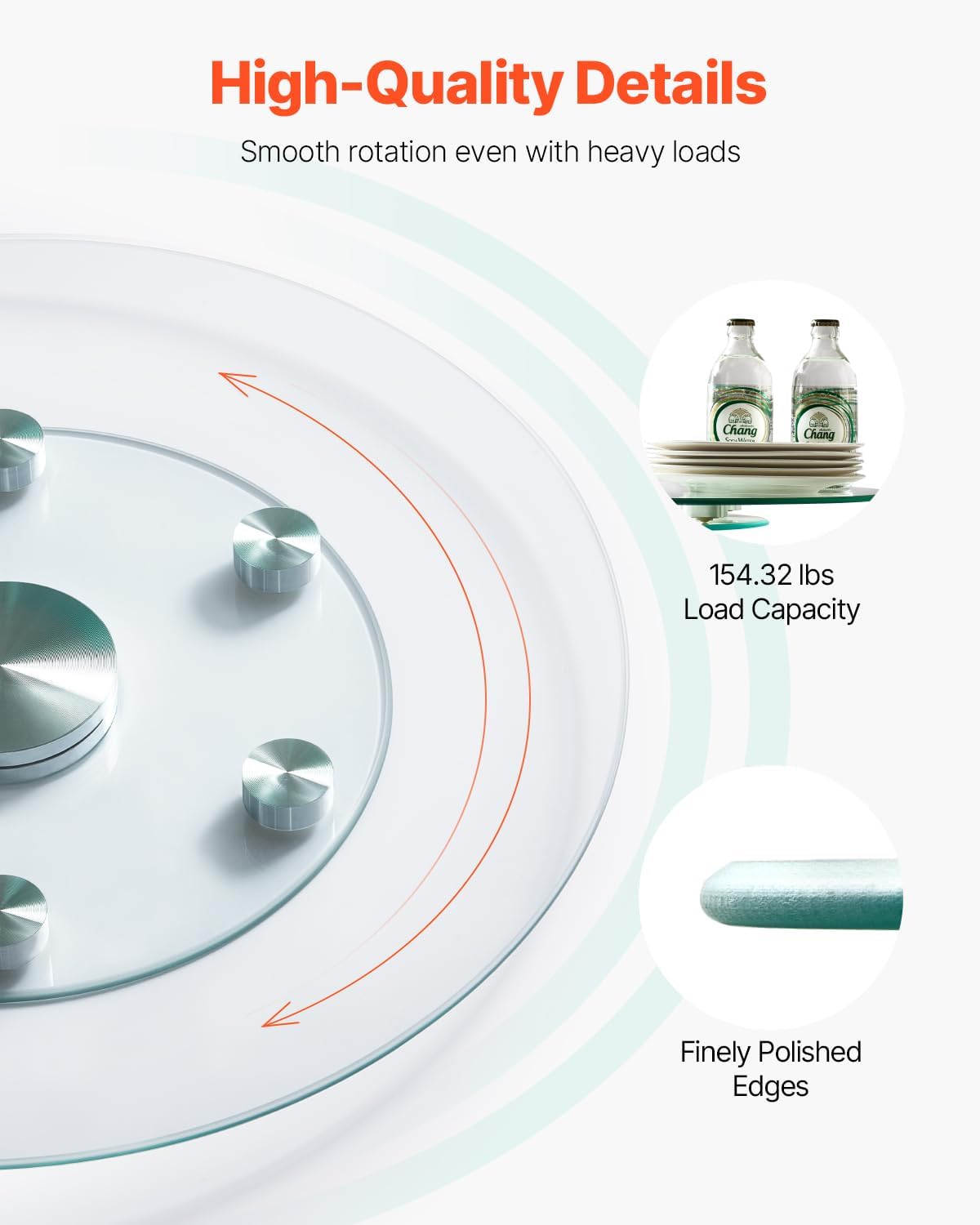 VEVOR 24 in Glass Lazy Susan Turntable, Tempered Glass Dining Table Centerpiece with 6 Rotating Wheels, 360° Smooth and Silent Spin Tabletop Rotating Tray, for Family Gatherings, Banquets & Weddings