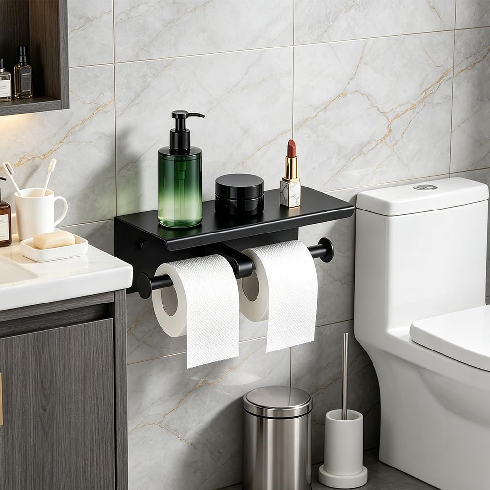 UNICRAFTALE Portarrollos de papel higiénico doble de acero inoxidable 201 negro con estante, para organización de baño, ideal para hogares y hoteles, 270 x 105 x 90 mm