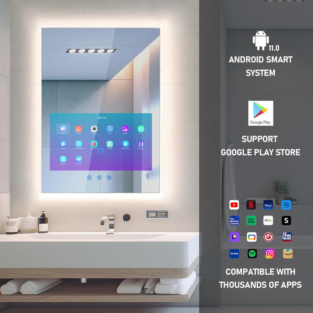 32" x 24" Smart Badezimmer-Waschtisch, wasserdichter Spiegel, eingebauter 21,5" Touchscreen-Fernseher mit Einstellbarer 3-Farben-LED-Beleuchtung