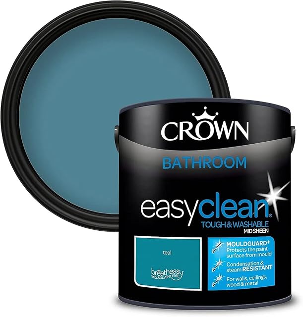 2.5L CROWN Easyclean Bathroom MID-SHEEN Emulsion Multi Surface Paint With MOULDGUARD+ That can be Used on Walls, Ceilings, Wood and Metal. Stain & Scrub Resistant Formula Teal