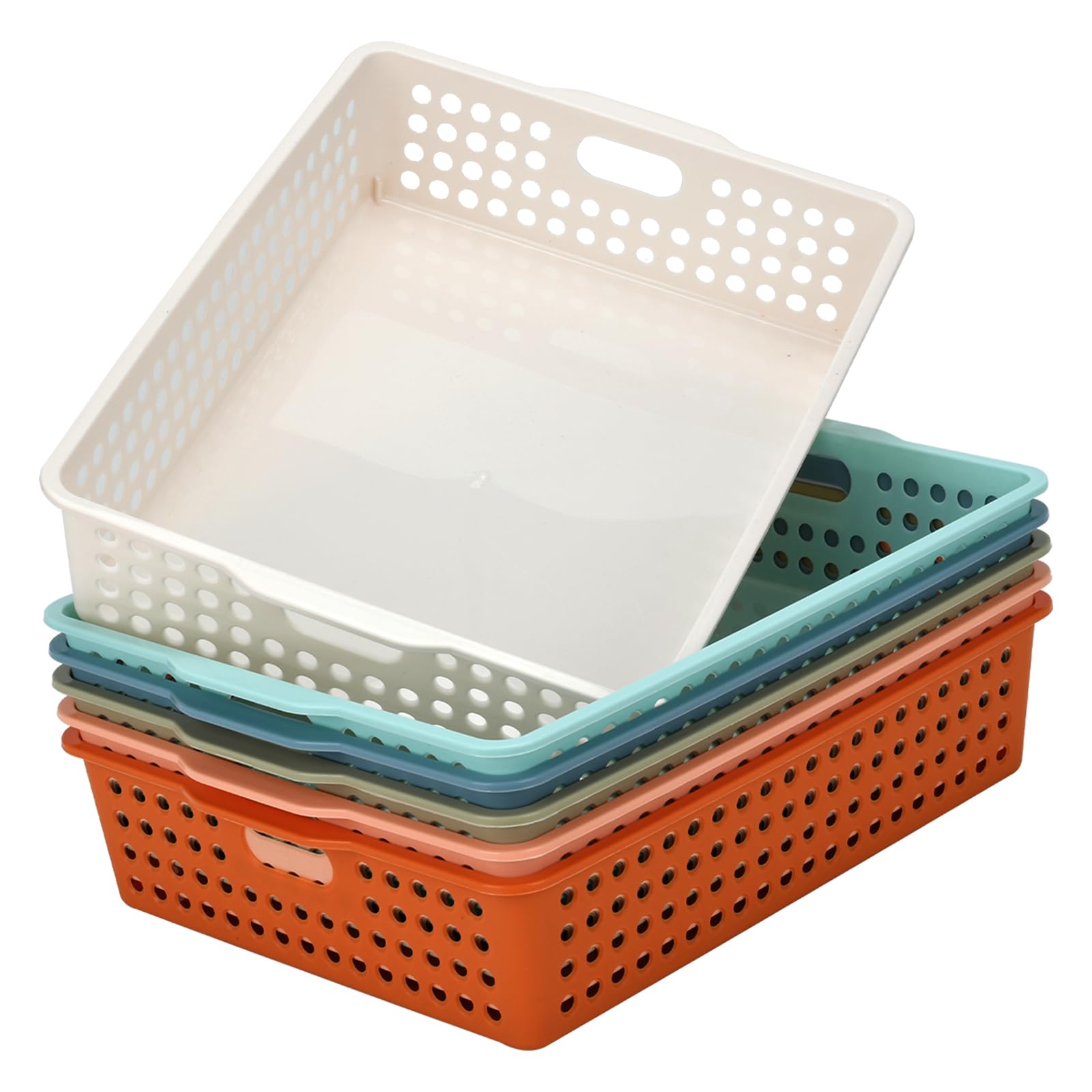 6-Pack Stackable Paper Trays with Handles, Modern Desktop Organizer for A4 Documents, Homework Turn-in Bins for Classroom & Office Use (Macaron)