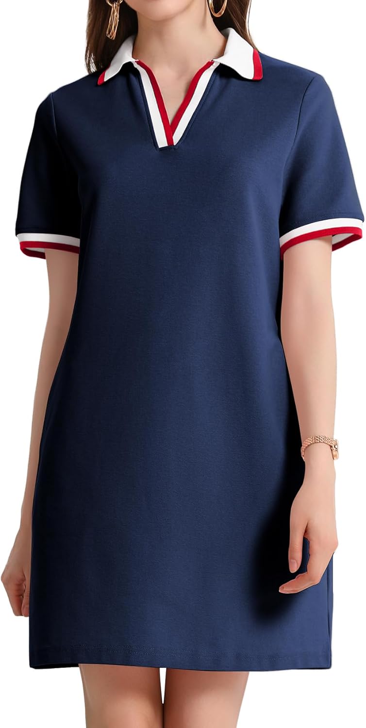 PEHMEA Women's Polo Dress Collared Short Sleeve V Neck Golf Tennis Casual Mini Summer Shirt Dresses with Pockets