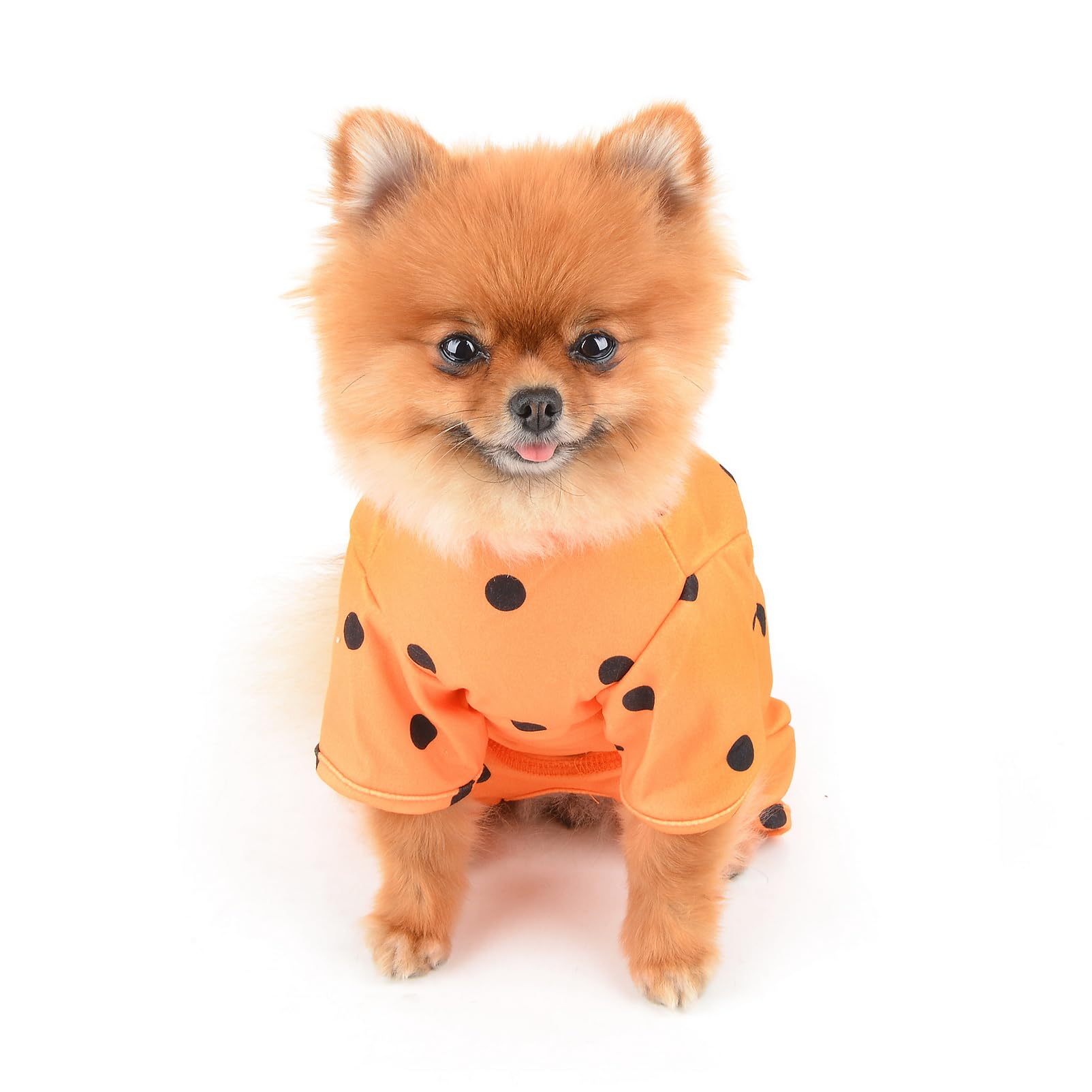 SMALLLEE_LUCKY_STORE Small Dog Clothes Cute Retro Dots Puppy Pajamas Pjs Belly Cover Cat Pyjamas Stretchy Jumpsuit Warm Sleepwear Outfits for Yorkie Chihuahua,Orange,M - Image 3