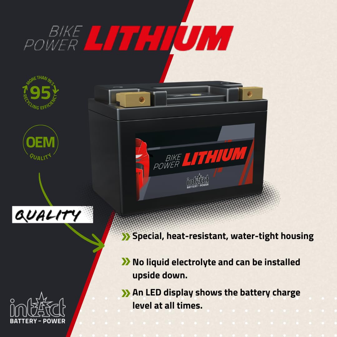 intAct - LITHIUM MOTORRADBATTERIE | Batterie für Roller, Motorrad uvm. Bis zu 75% Gewichtseinsparung | Bike-Power LI-08, HJTX5L-FP, 12,8V Batterie, 1,6AH (c10), 19Wh, 95A (CCA) | Maße: 113x70x85mm