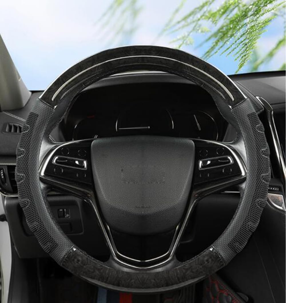 Luxury Car Steering Wheel Cover Wood Grain Leather Four Seasons Universal 15 Inch Comfortable Grip for Men Women (Black)
