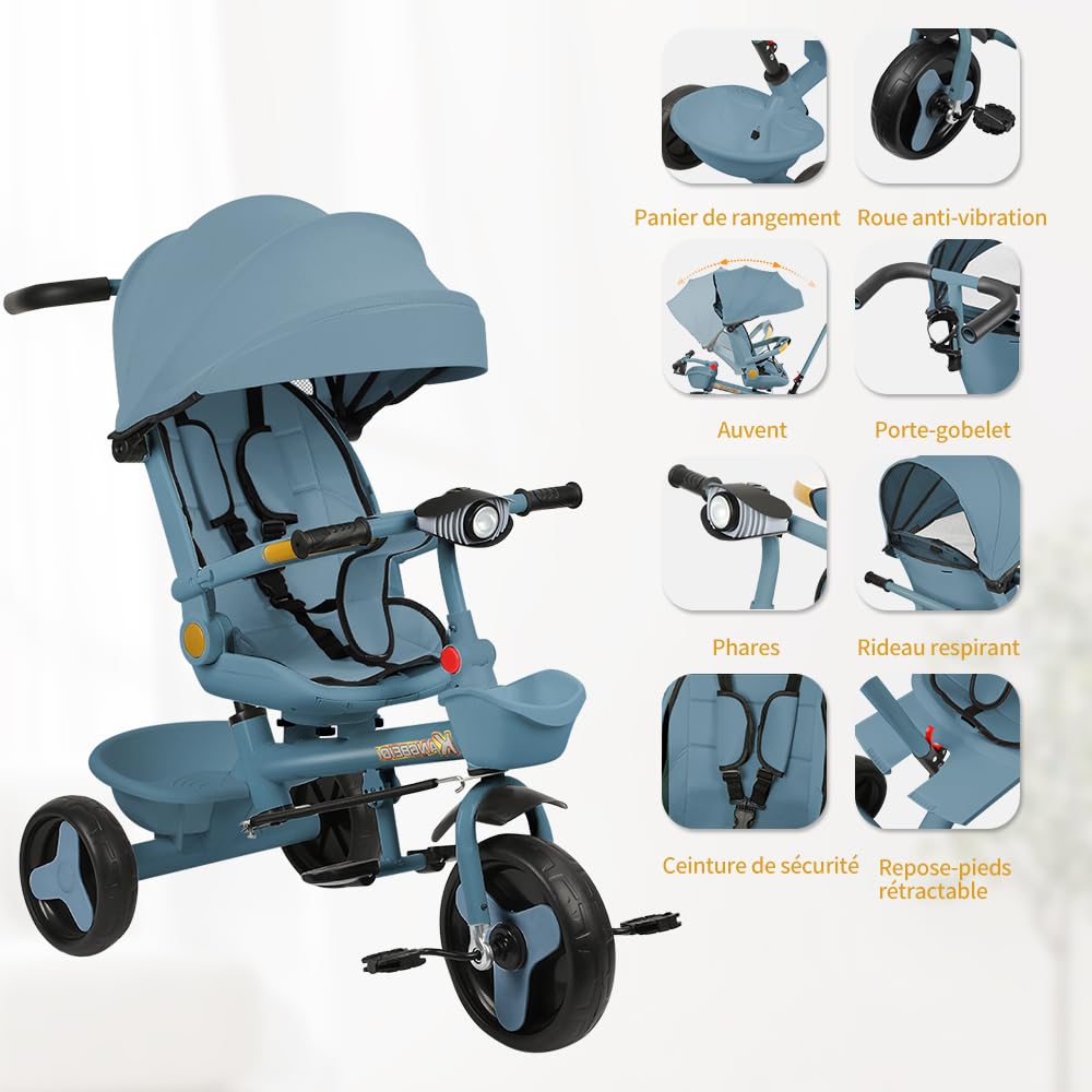 5 in 1 Poussette 3 Roues,jusqu'à 25 kg,Poussette canne,Tricycle évolutif pour Enfant,Grande Capote,Pliage Compact,Dossier Inclinable,Grandes Roues Tout Terrain