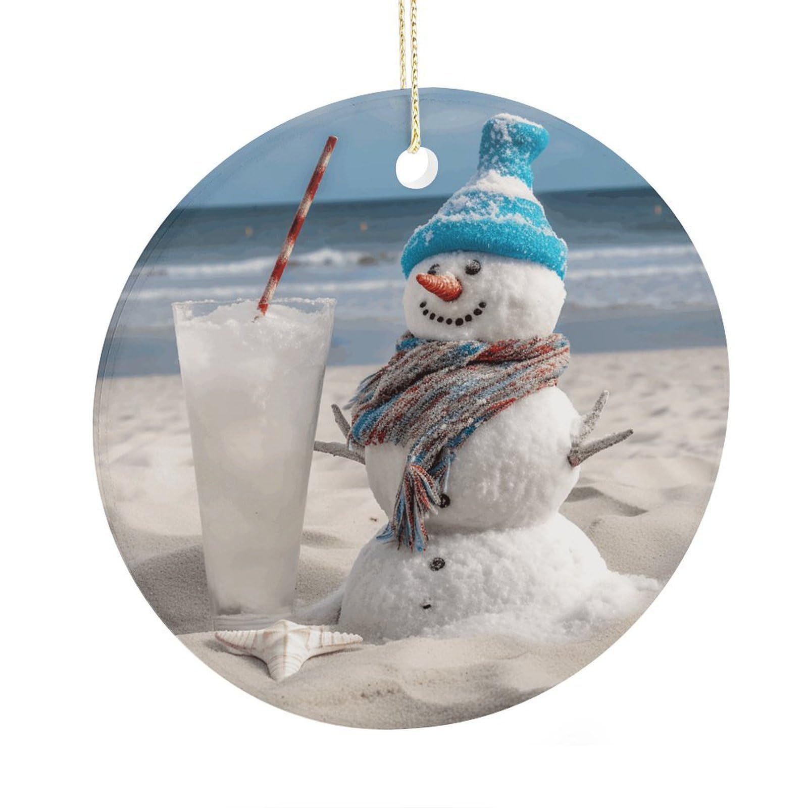 Adfgyerh Style Snowman Bech Ceramic Circular Pendant,2.9 Inch，Hanging Ornament，Gift Exchange Idea Round Ceramic Ornament,For Mom And Daughter，For Home Indoor Outdoor Decor.