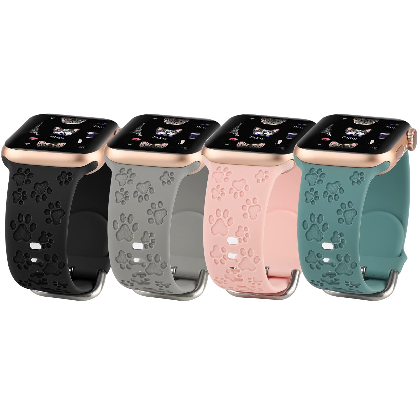 4 Pack Dog Paw Engraved Strap Compatible with Apple Watch Bands 38mm 40mm 41mm 42mm 44mm 45mm, Cute Animal Print Laser Soft Silicone Sport Accessories for iWatch Series 9 8 7 6 5 4 3 2 1 SE