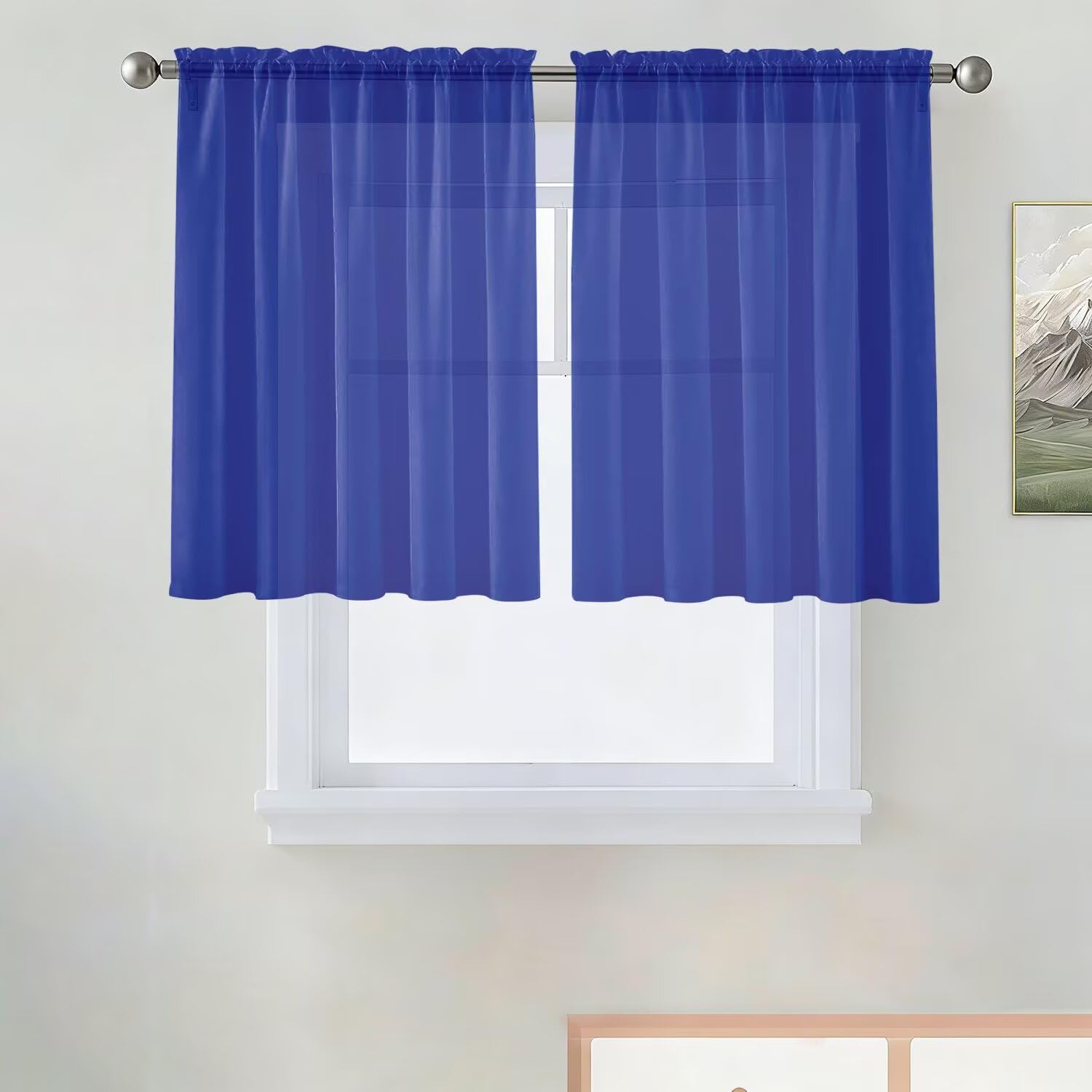 SpaceDresser Basic Rod Pocket Sheer Voile Window Curtain Panels Sapphire 1 Pair 2 Panels 52 Width 36 Inch Long for Kitchen Bedroom Children Living Room Yard（Sapphire, 52W x 36L）