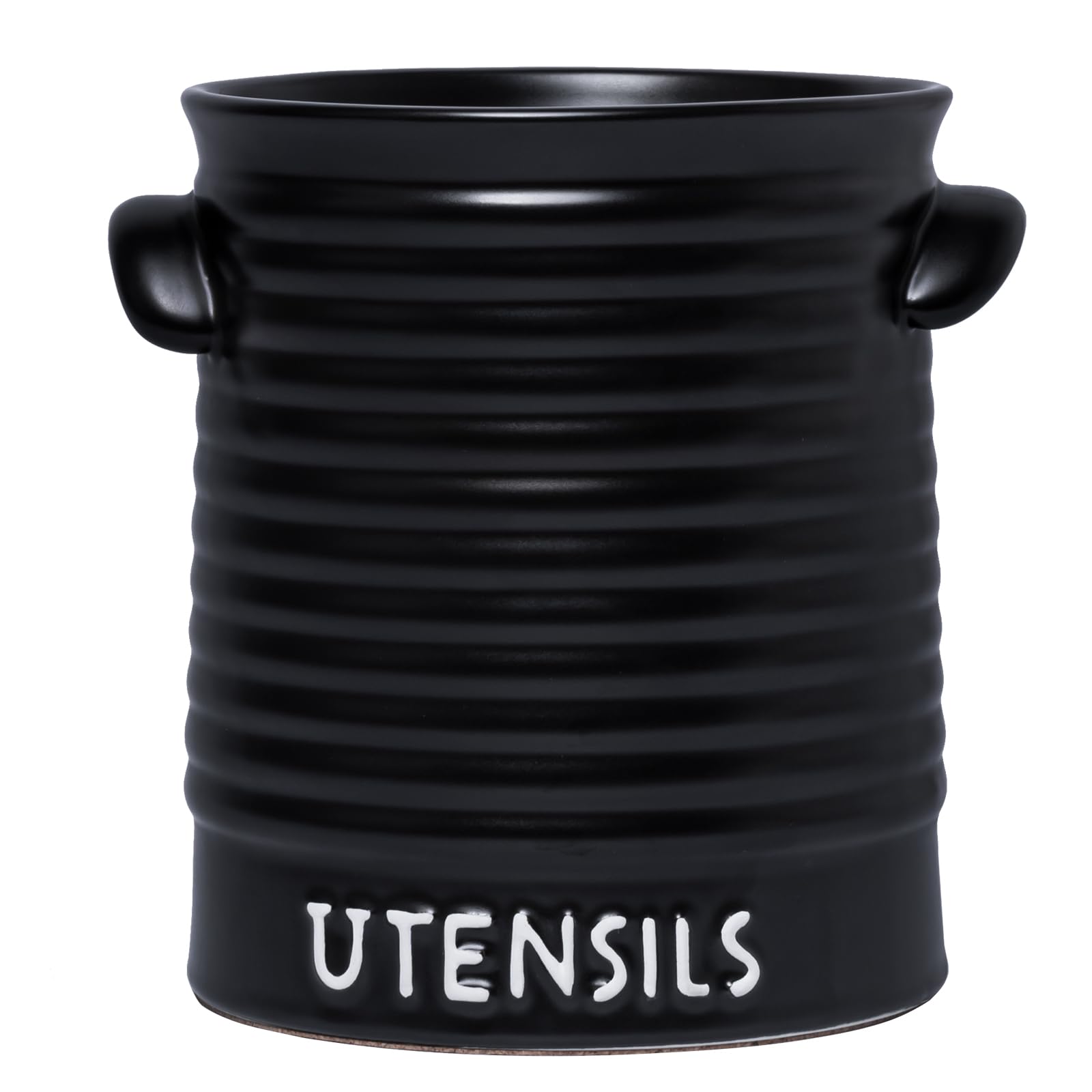 Kitchen Utensil Holder for Countertop, 6.2" Large Ceramic Utensil Crock with Cork Mat, Handles, Modern Cooking Tool Spatula Organizer for Kitchen Counter Decor, Matte Black