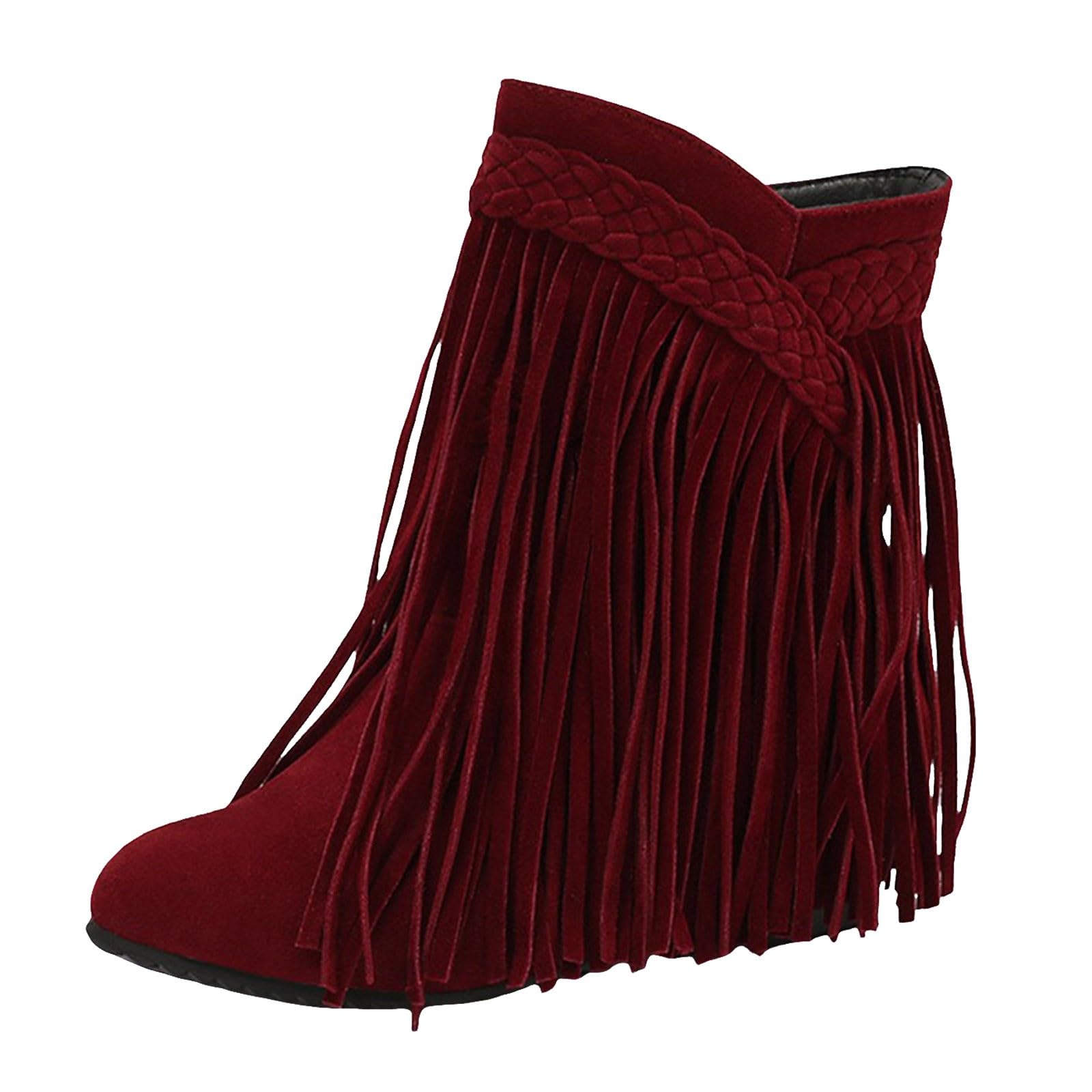 Womens Ankle Fringe Boots Round Toe Wide Calf Flat Suede Tassel Boots Shoes Fashion Pointed Toe Pull-on Comfortable