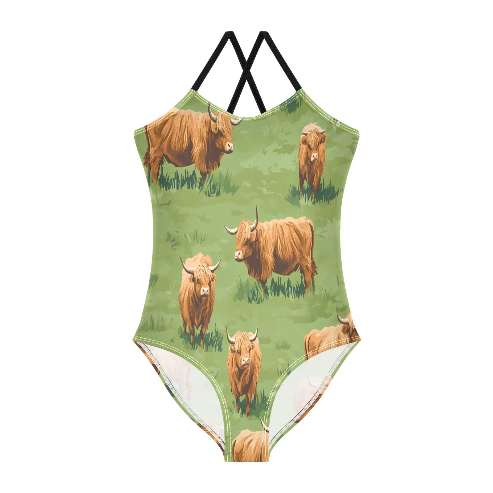 Highland Cattle Meadow Pattern Girls One-Piece Swimsuit Beach Swim Bathing Suit