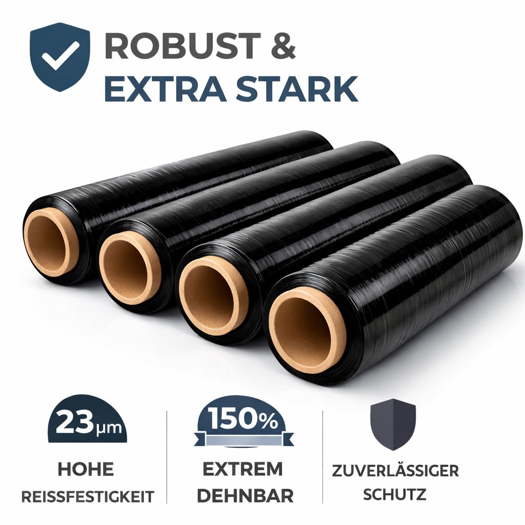 Stretchfolie 1,5kg - 6 Rollen - 170 m x 50 cm - 23 my - Schwarz – Extra Stark & Reißfest – Palettenfolie Wickelfolie für Umzug - Lager & Verpackung - Strechfolienrolle