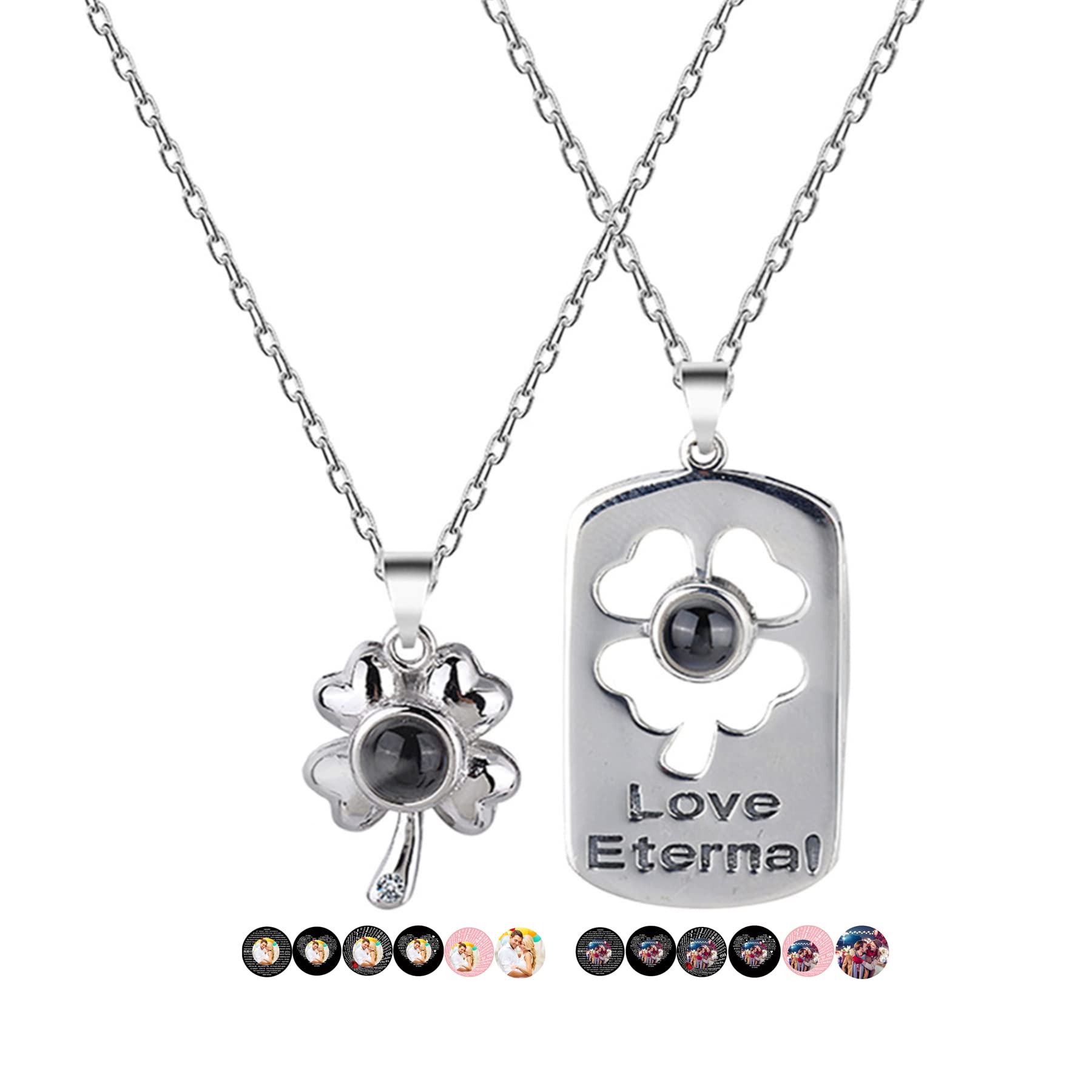 Collar de proyección fotográfico personalizado Collar de pareja Te amo 100 idiomas Colgante Lucky Clover