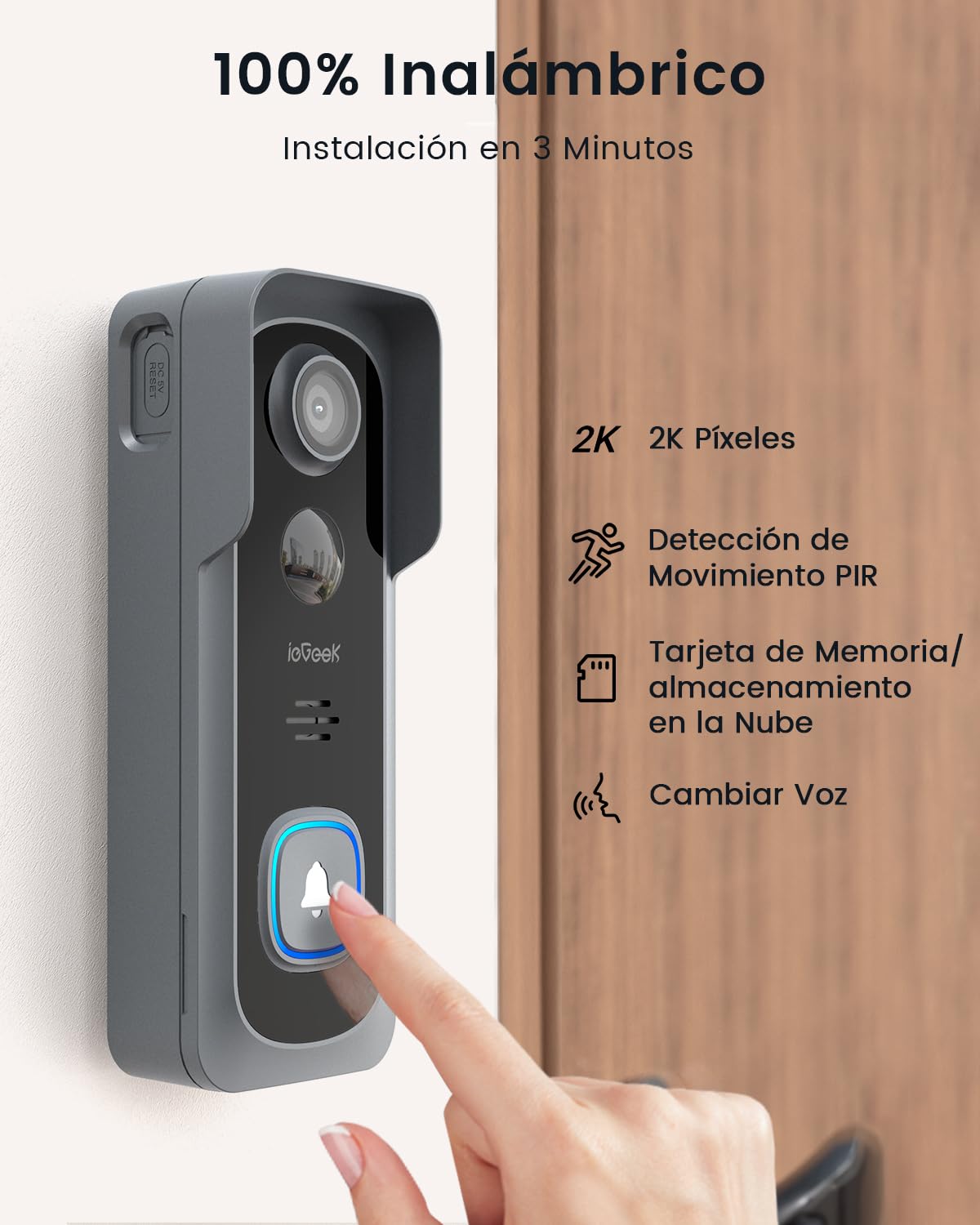 ieGeek Timbre Inalámbrico Exterior Impermeable con Cámara 2K, Videoportero WiFi con IP66 Resistente al Agua, Detección Humana, Audio Bidireccional, Visión Nocturna, Sin Suscripción, 2,4 G WiFi, Gris
