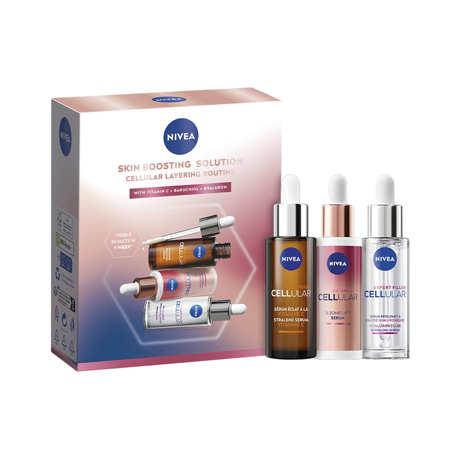 NIVEA - Coffret Routine Sérum Layering Soin Visage Anti-Âge Cellular Expert - Trio de Sérums : 3 Zones + Acide Hyaluronique + Vitamine C - Tous Types de Peaux - 3 x 30 ml