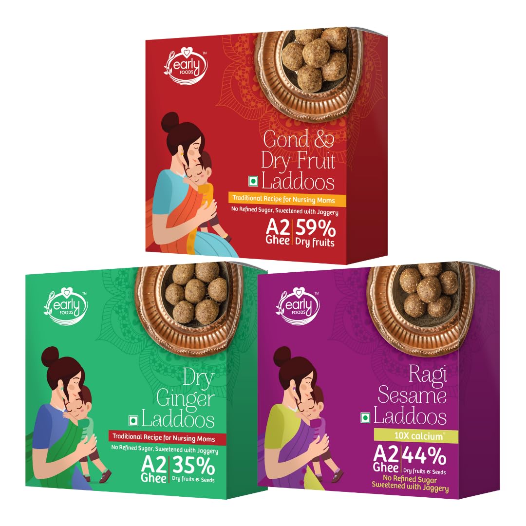 Early Foods - Pack of 3 - Dry Ginger, Ragi Sesame & Gond & Dry Fruits Laddoos| Laddoos for New Moms & Moms to be |Sugar Free Laddu | Sweetened with Dates | A2 gramshee Laddoos (B0C3XM43FB) Amazon Price History, Amazon Price Tracker