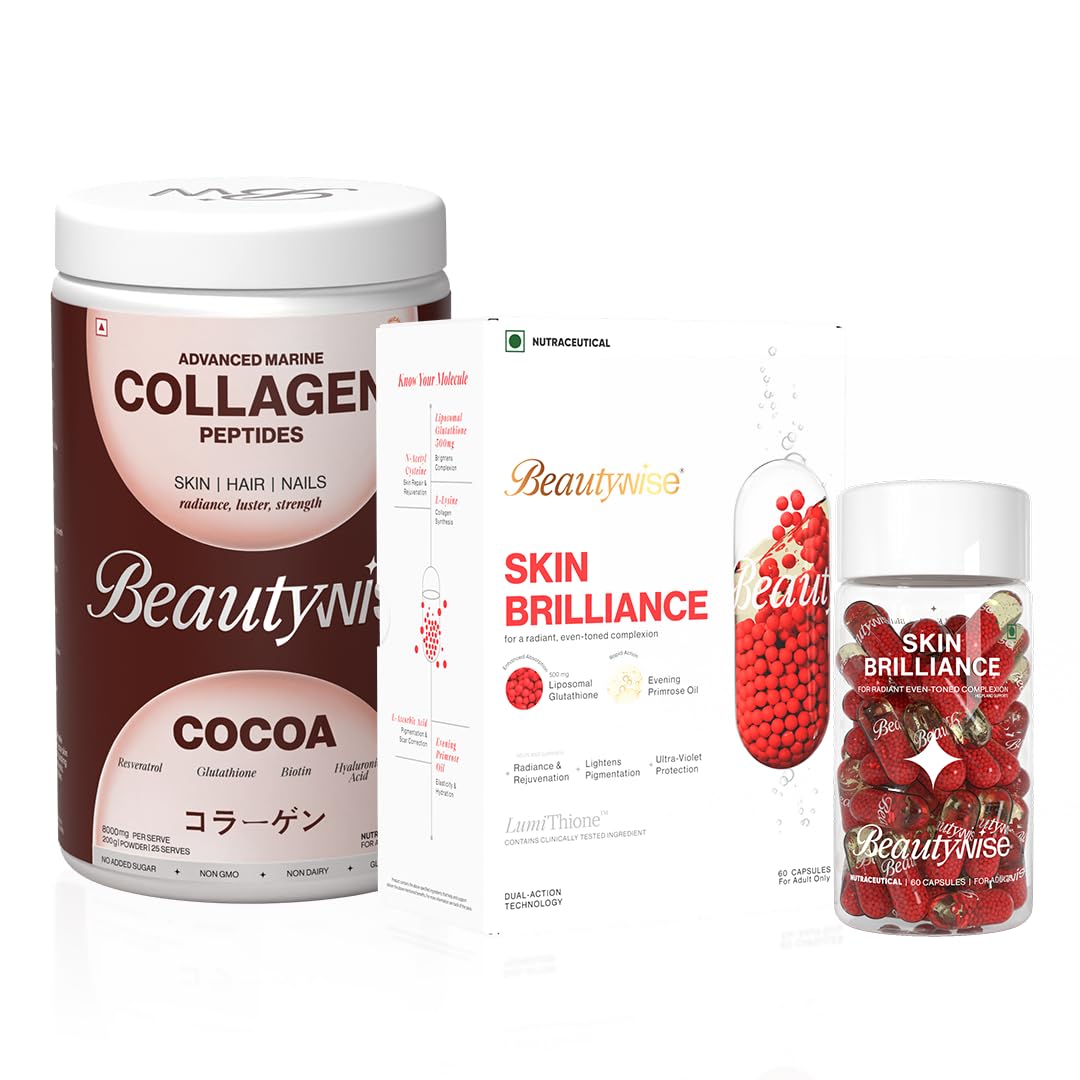 Skin Brilliance Glutathione with NAC -500mg |Dual Action| Evening Primrose Oil + Advanced Marine Collagen Proteins Powder | With Hyaluronic Acid, Japanese Glutathione & Biotin | Helps Keep Hair, Nail, Skin Healthy & Nourished cocoa Flavoured ( 60 capsules + 250 gm Combo)