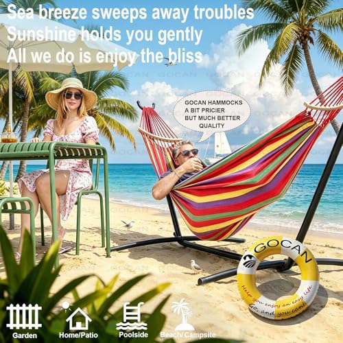 Image of GOCAN Double Hammock 2 Person Extra Large 220x160cm Total Length 330cm Load 500lb Canvas Cotton Hammock for Patio Porch Garden Backyard Lounging Outdoor and Indoor with Removable Spreader bar