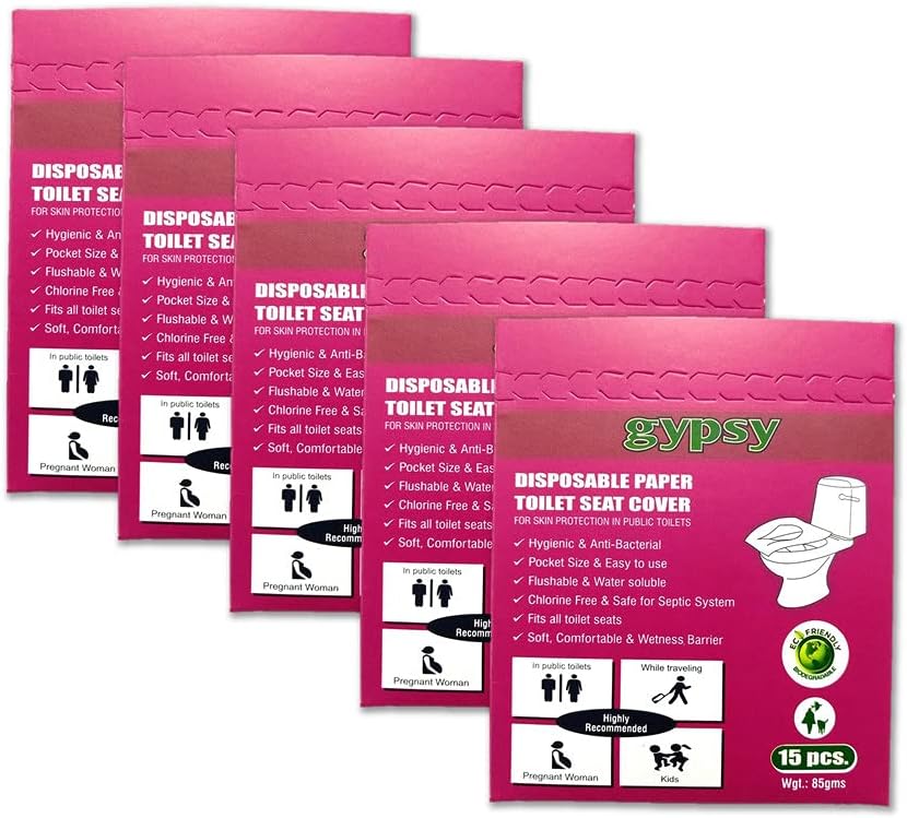 Gypsy Disposable Paper Toilet Seat Covers-75 Sheets (5 x 15) | Flushable & Nature Friendly | Travel Pack For Skin Protection In Unhygienic Public Toilets