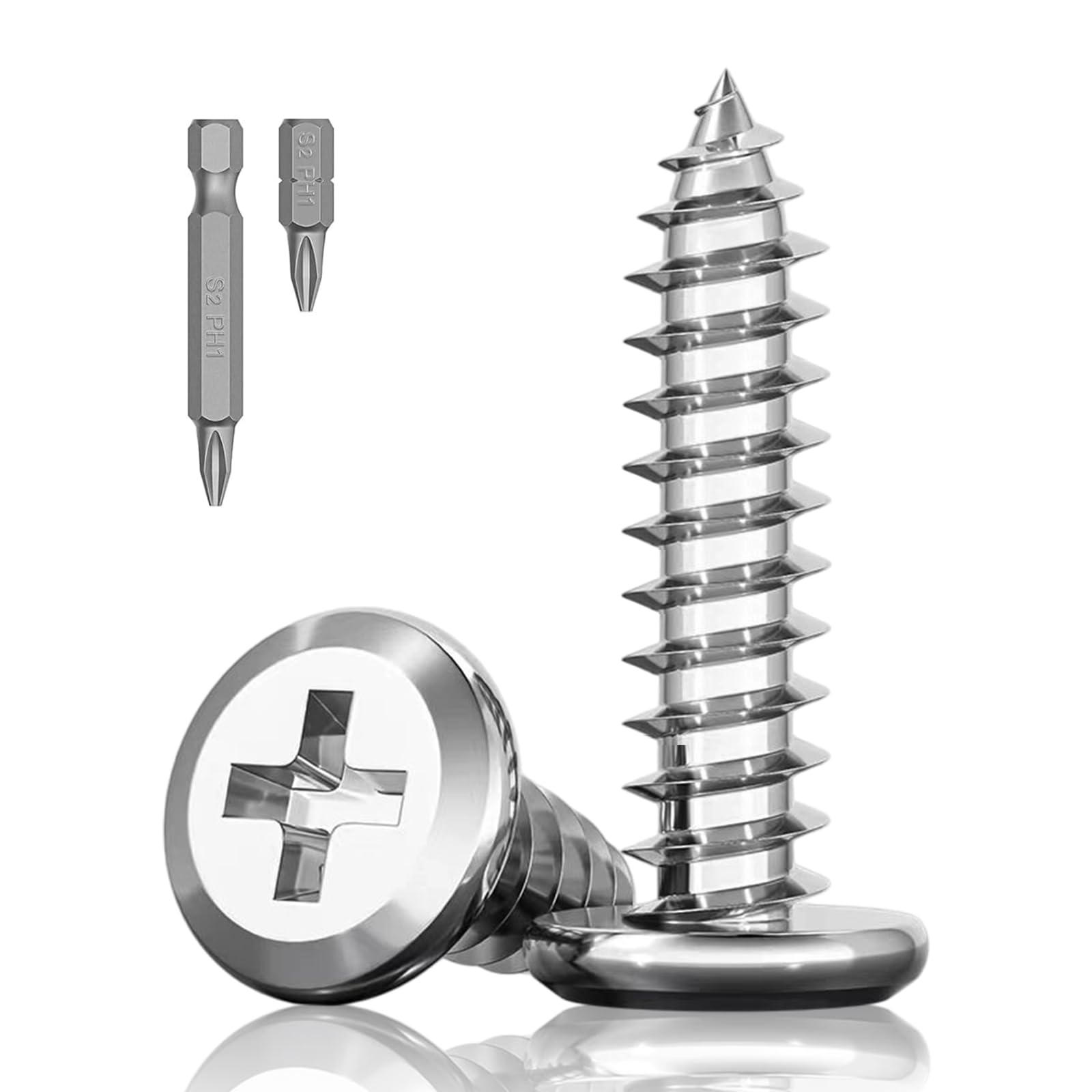 30Pcs M5 x 30mm Flat Head Self-Tapping Screws, 304 Stainless Steel Phillips Drive Fastener Screws, Cross Drive Self Drilling Screws 2 Bits for Wood, Furniture and DIY Projects