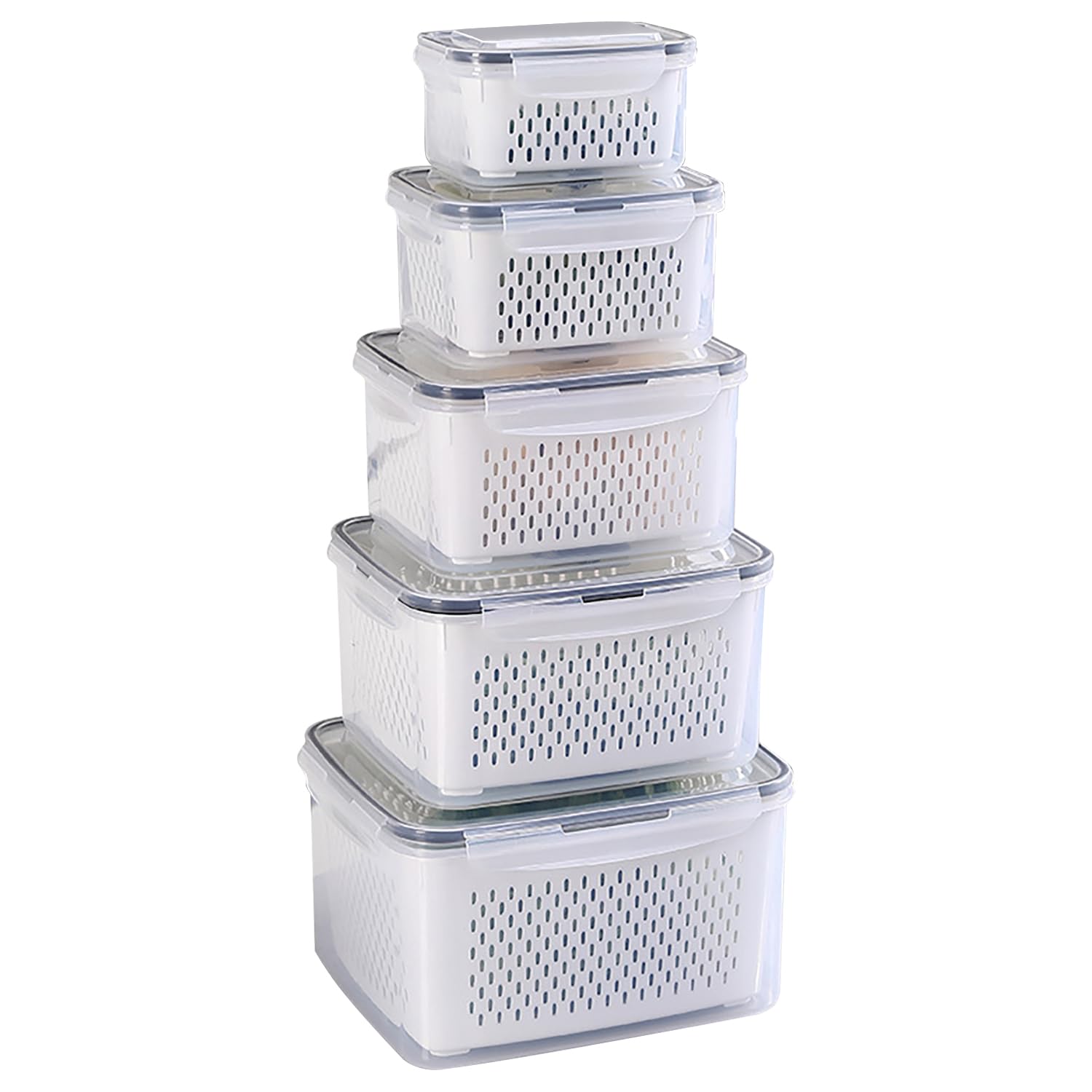Kongming Organizer Frigorifero, Contenitori Plastica Frigo Con coperchio e cestello di scarico rimovibile per Insalata, Verdura, Frutta (6.2L+4.15L+3.15L+1.7L+0.8L)