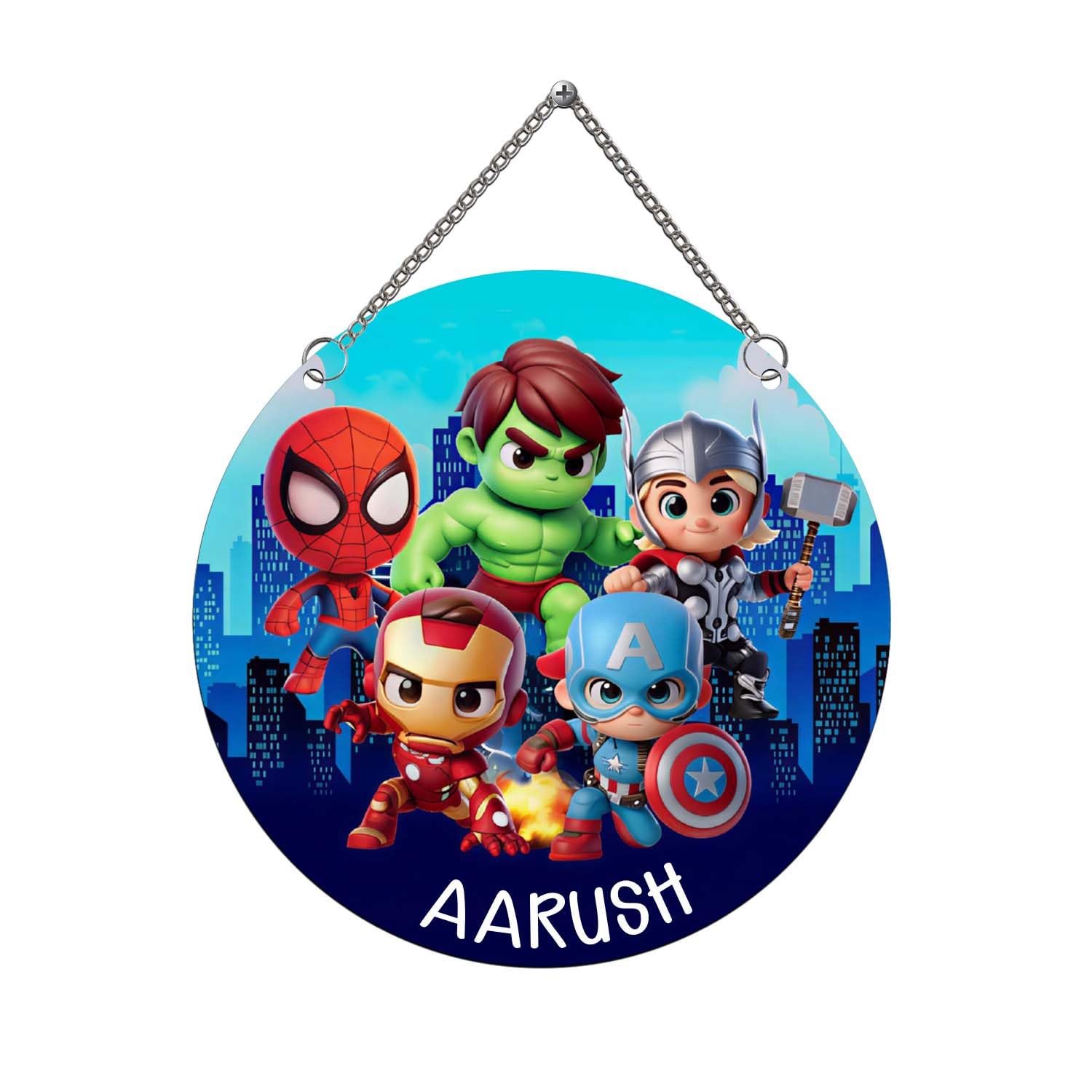 StarLaser Personalized Name Wooden Wall Hanging For Kids Room Wall Decor | Cartoon Theme | Name Plate with Hanging Chain | Birthday Return Gift For Kids (Avengers Superhero Theme)-image-48