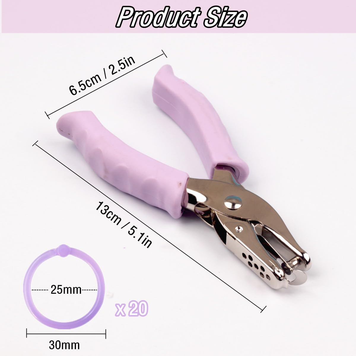 RuiChy Handheld Hole Punch with 20 Pcs Loose-Leaf Binder Rings, 6mm Metal Single Hole Pliers Puncher with Soft-Handled - Image 2