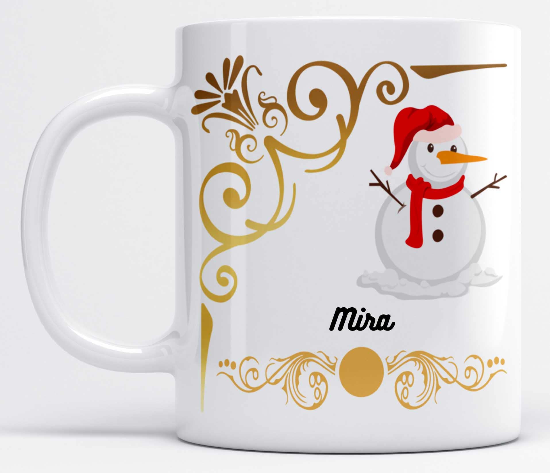 LOROFY Name Mira Printed Snowman Design White Ceramic Coffee Mug (350ML)