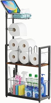 Freestanding Toilet Paper Holder with Storage Shelf, Bathroom Tissue Stand, Extra Storage for Toilet Rolls, Wet Wipes, Phones & Tablets, Bathroom Essentials