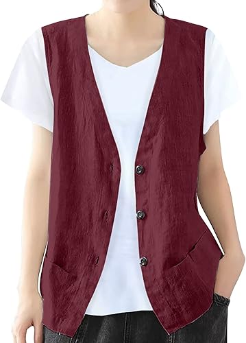 COTECRAM Chaleco de lino de algodón para mujer, casual, sin mangas, con botones, ligero, para verano, holgado, ropa de abrigo