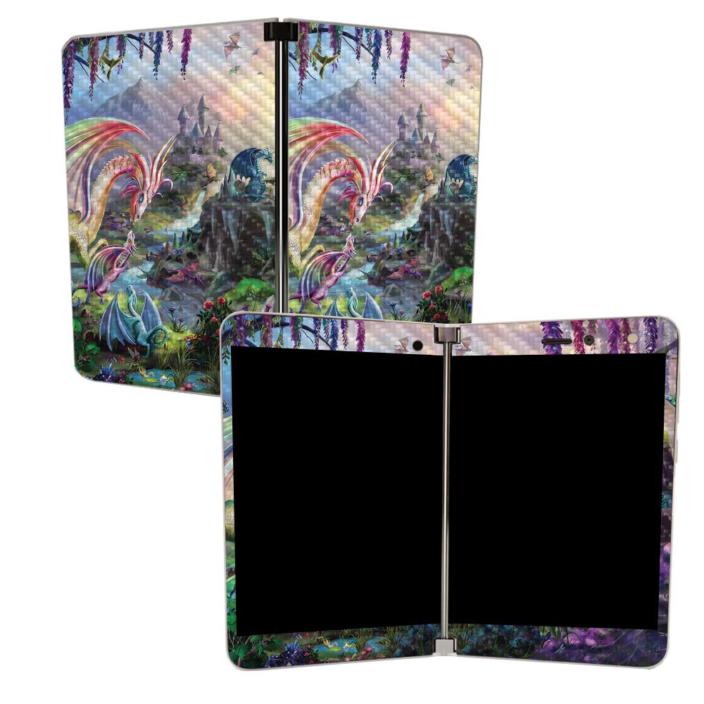 MightySkins Carbon Fiber Skin for Microsoft Surface Duo - Dragon Paradise | Protective, Durable Textured Carbon Fiber Finish | Easy to Apply | Made in The USA