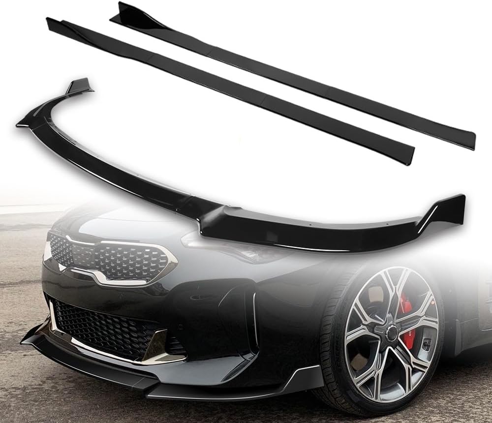 9pcs Combo Front Bumper Body Kit Lip + Side Skirt Extensions Diffuser Compatible with 2018-2023 Kia Stinger 2019 2020 2021 2022 (Painted Black)