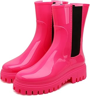 Hsttgsr Rain Boots for Women, Waterproof PVC Rubber Boots Womens Garden Boots, Mid-Calf Anti-Slip Raining Shoes, Elastic Slip On Garden Fishing Rain Shoes for Yard Farm Outdoor Work, Pink, 6.5