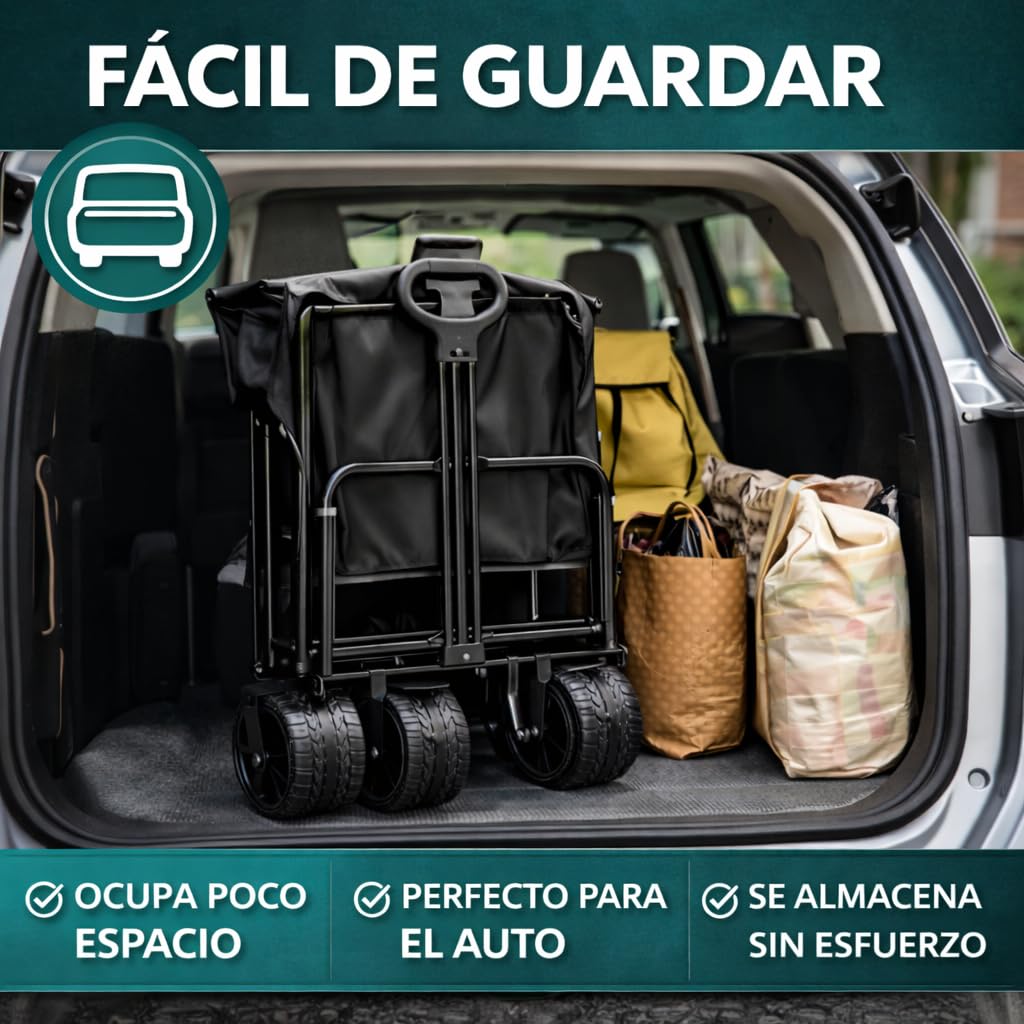 Carro de Mano Plegable con Ruedas Grandes Todoterreno | Carrito Multiusos Ideal Playa, Compra, Jardín o Camping | Carga hasta 150kg | Asa Ajustable | Auxiliar | Transporte de Herramientas o Juguetes — view 8