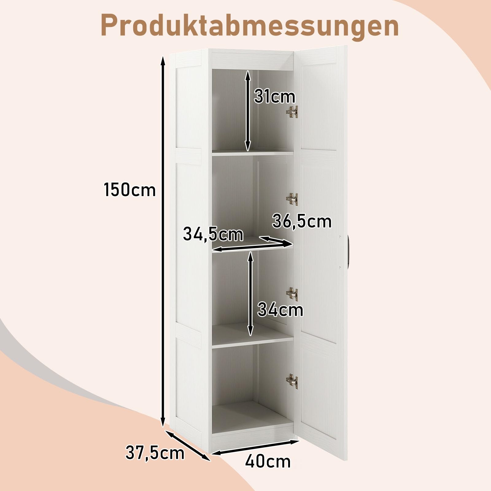 COSTWAY 4-stufiges Hochschrank, Aufbewahrungsschrank schmal, Bodenschrank mit Tür, Vorratsorganisator 40 x 37,5 x 150 cm freistehend für Küche, Wohnzimmer und Badezimmer (Weiß)