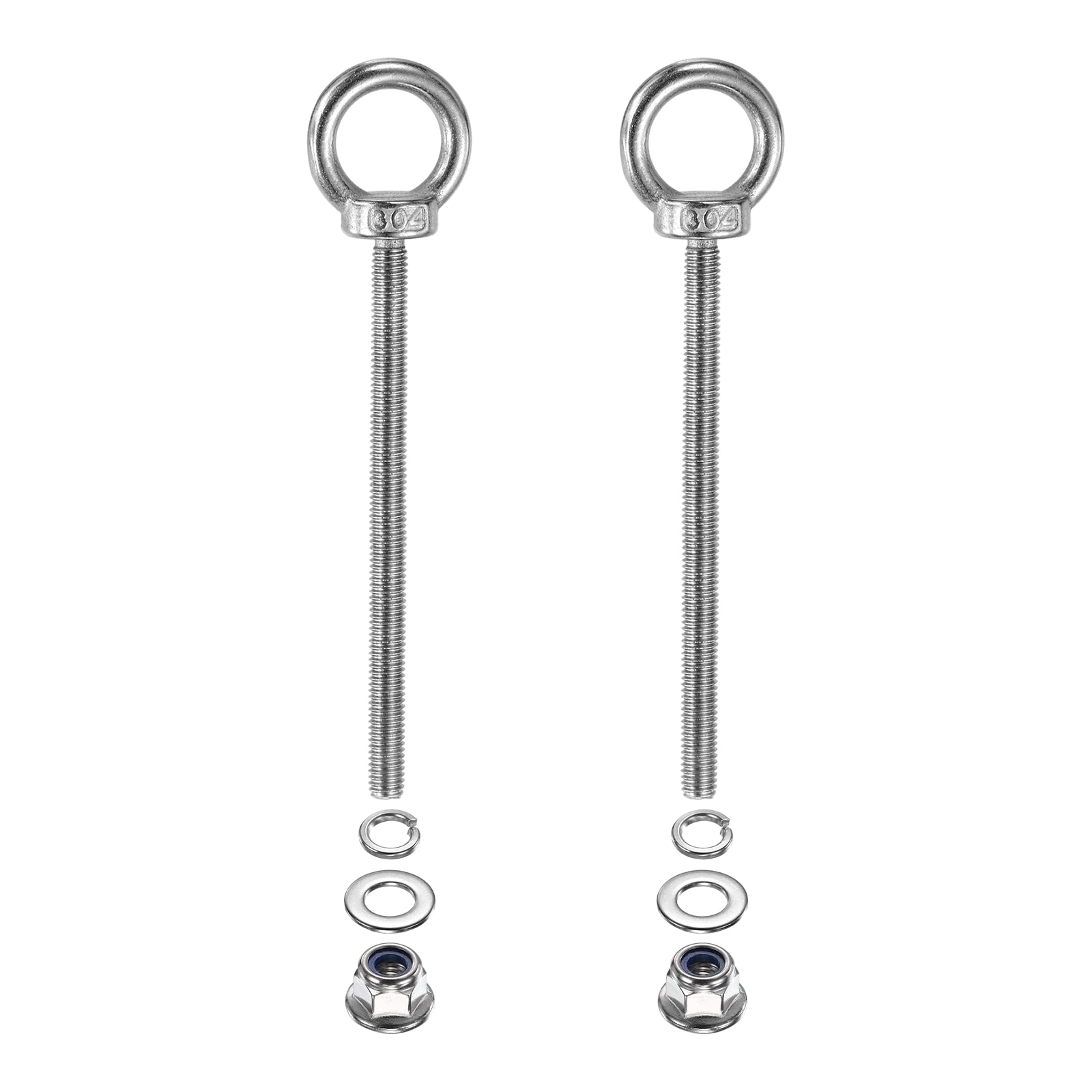 PATIKIL M6 x 90mm Shoulder Eye Bolt, 2 Pcs 304 Stainless Steel Lifting Ring Threaded Eye Bolt with Flange Lock Nuts Spring and Flat Washers for Hanging Tie Down Straps Outdoor Indoor