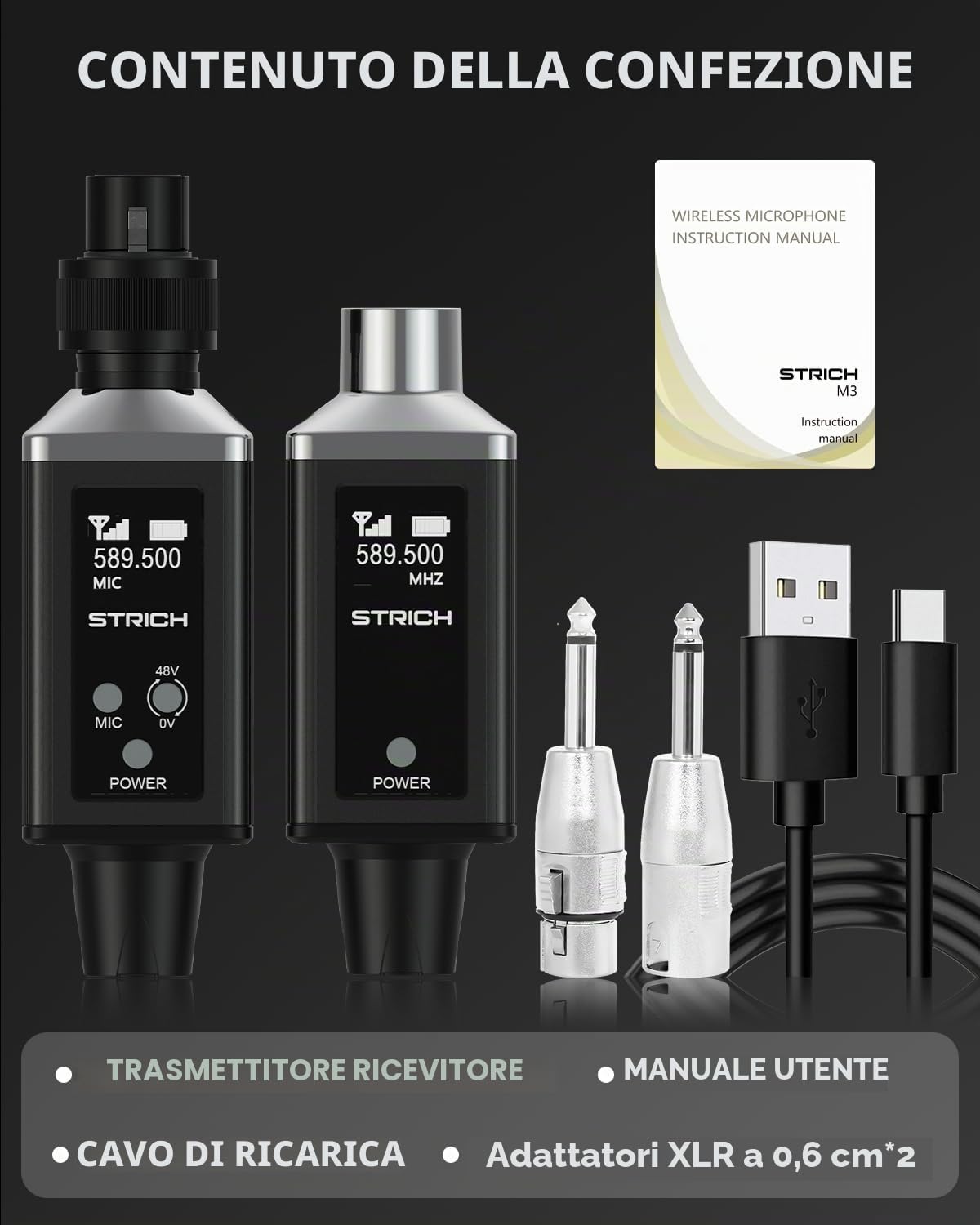STRICH M3 UHF Trasmettitore e ricevitore XLR senza fili a 16 canali, portata di 50 m, adattatore per microfono senza fili plug-in per microfoni dinamici e a condensatore, compatibile con mixer audio