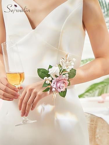 Miniatura 4 de Serwalin Juego de ramillete y boutonniere rosa, ramillete de graduación y boutonniere, juego de flores de boda, accesorios de fiesta de bienvenida,