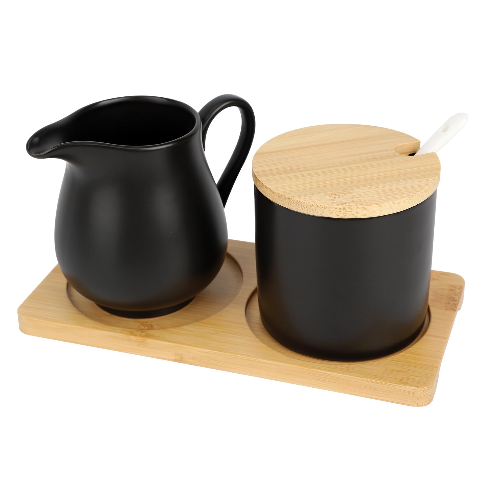 Set di Latte e Zucchero con Coperchio e Cucchiaio, brocca per Latte in Ceramica Bianca e zuccheriera con Vassoio in Legno, Lavabile in lavastoviglie e microonde (Nero)